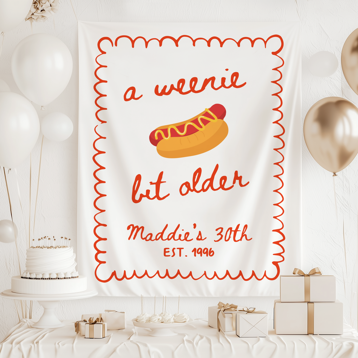 Custom hot dog birthday backdrop featuring playful hot dog artwork and personalized text
