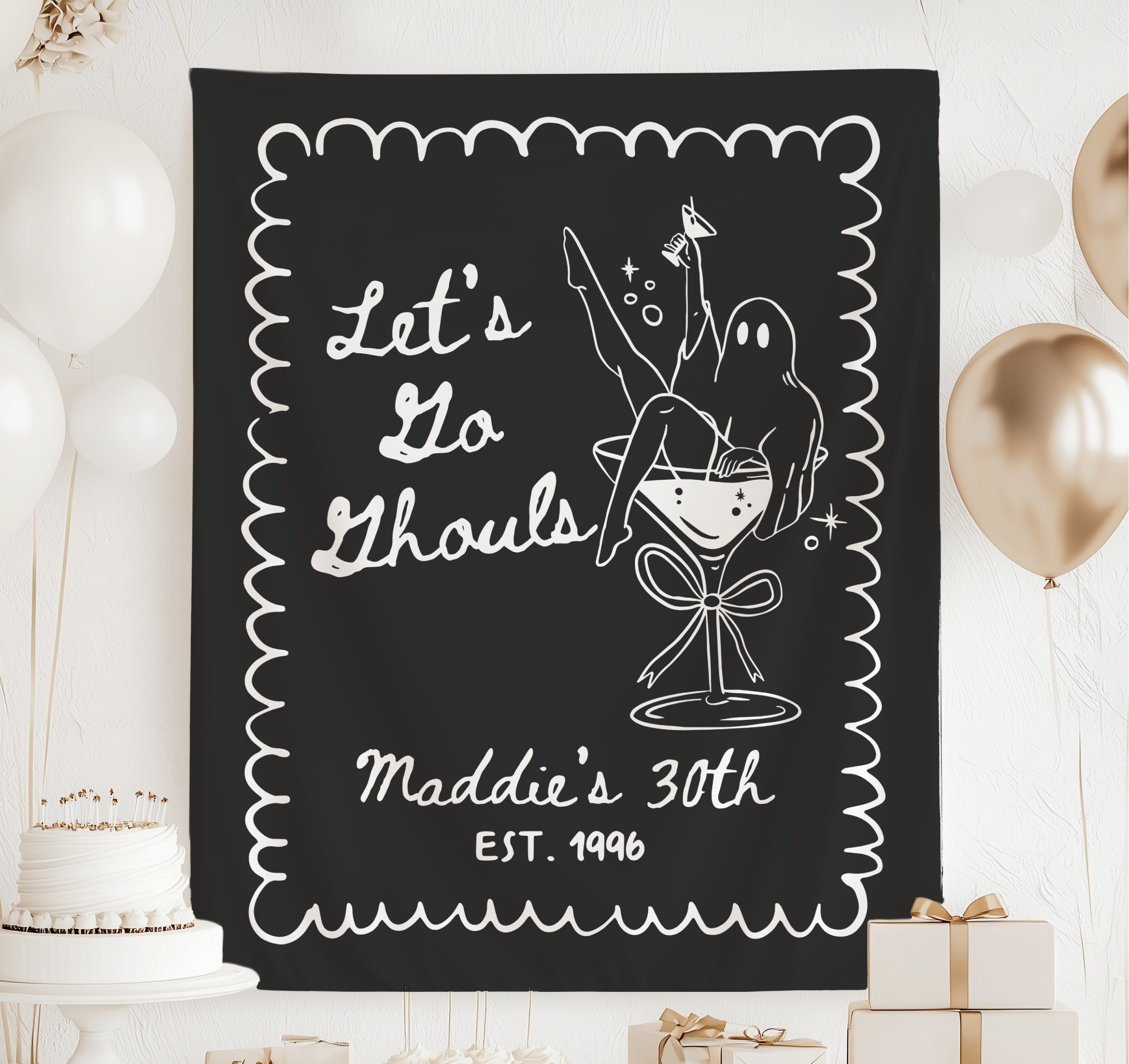 Personalized Lets Go Ghouls Halloween birthday banner with ghost and martini design for spooky birthday party decor
