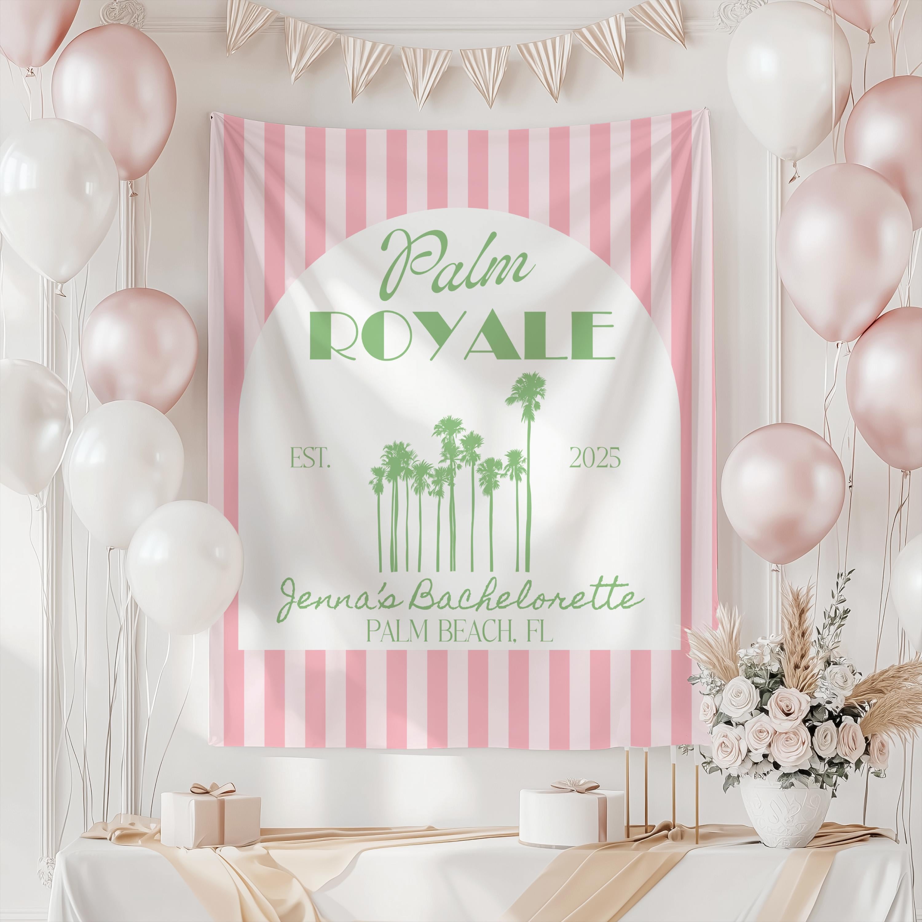 Personalized tropical bachelorette banner with Palm Royale theme for beach party decor