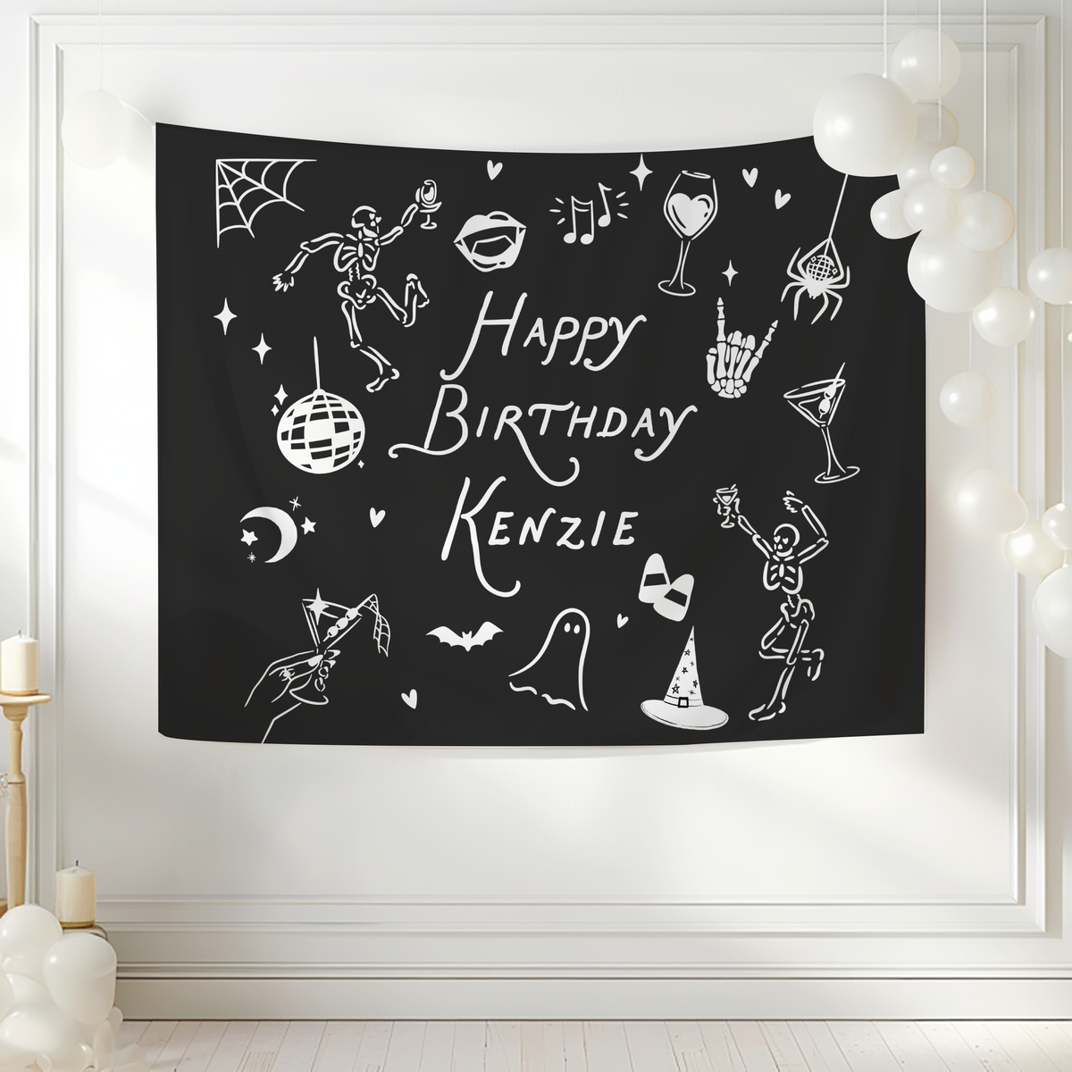 Personalized spooky birthday backdrop with custom name for a Halloween or October birthday celebration
