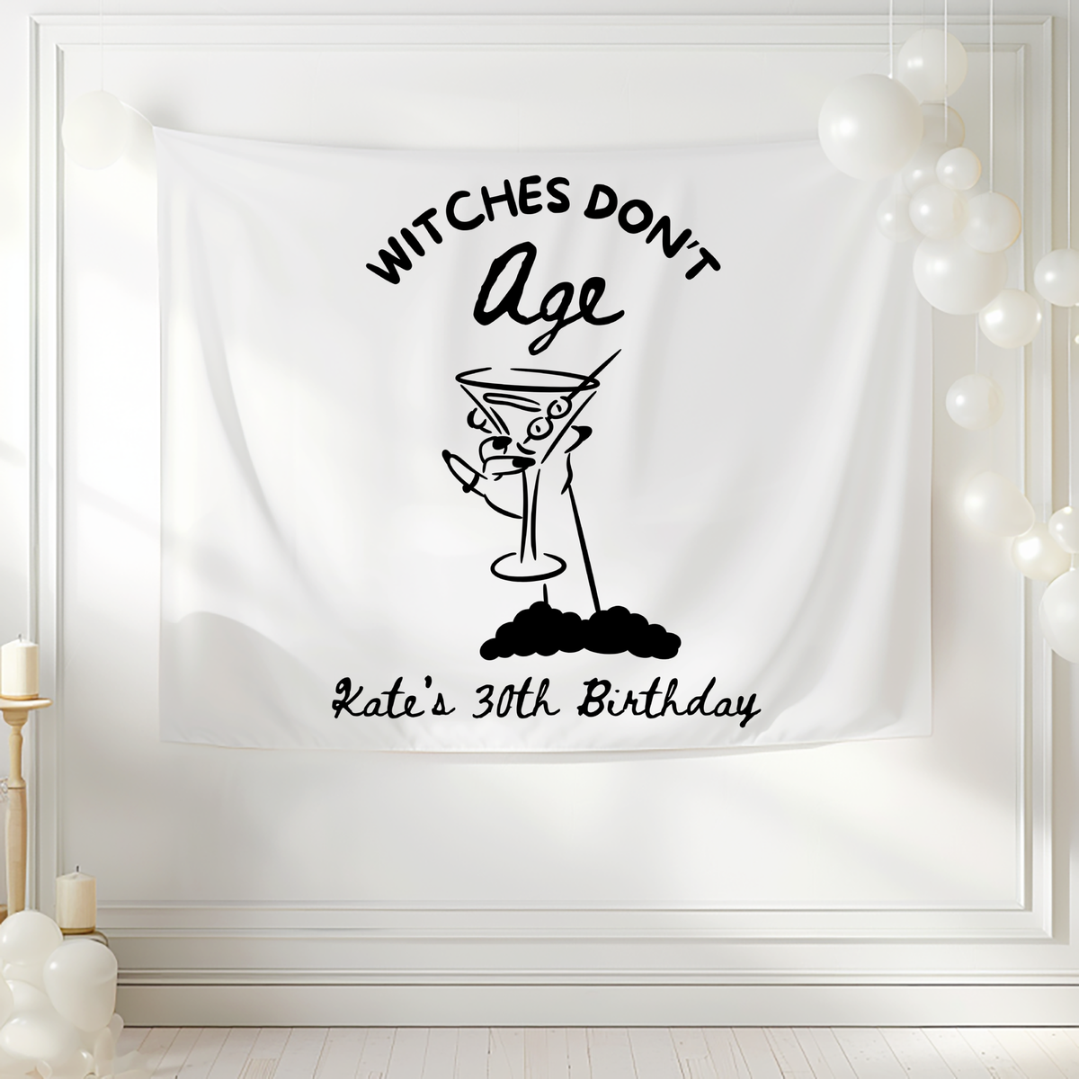 Personalized witch birthday party banner with black and white Halloween design and custom birthday details