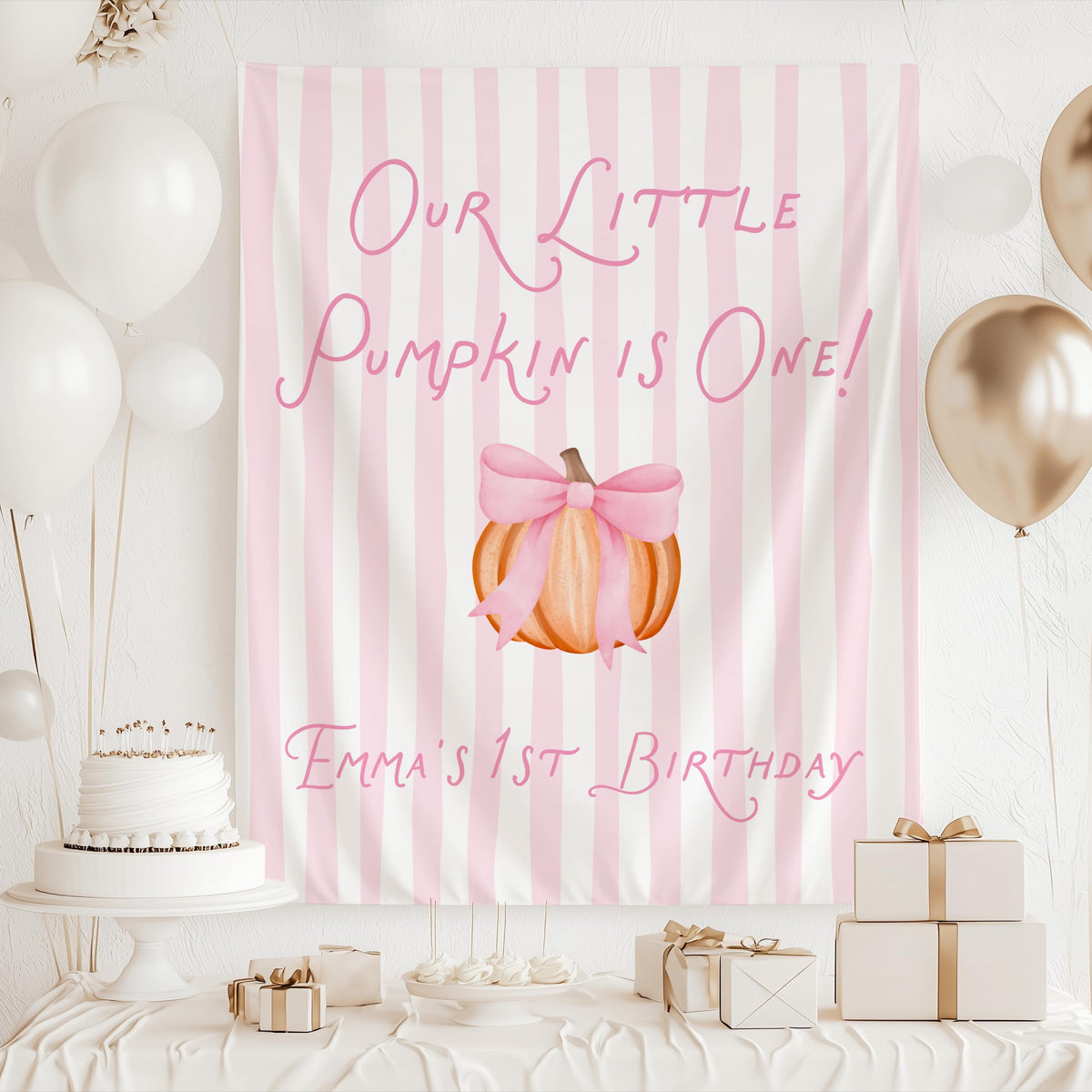 Pink pumpkin first birthday backdrop for a fall themed one year old birthday party
