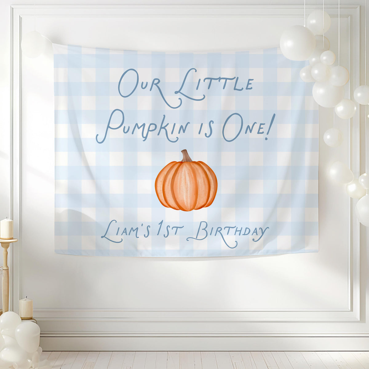 Pumpkin themed boy first birthday decorations with personalized fall birthday banner