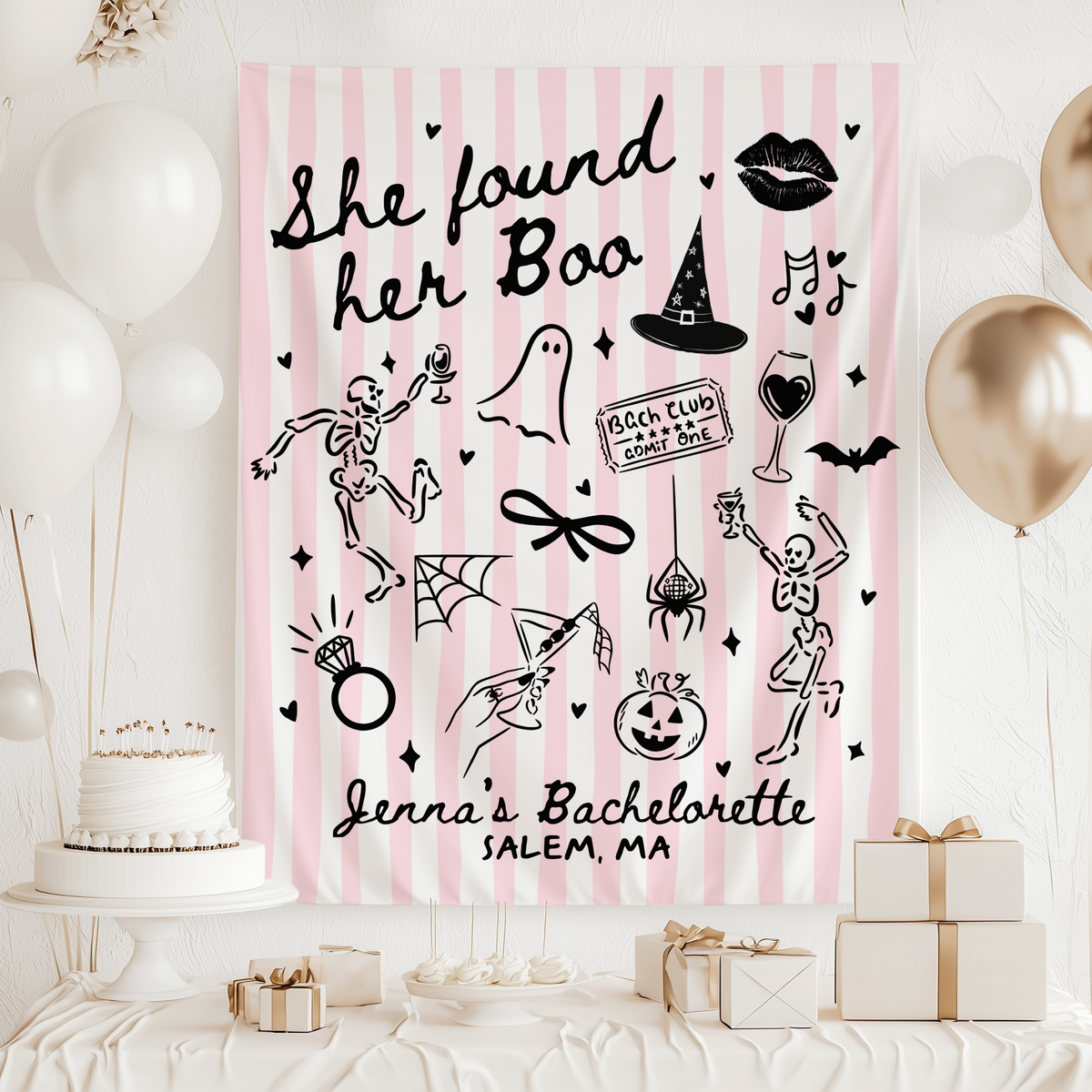Personalized Salem bachelorette party banner for a Halloween bach weekend spooky girls trip and bride celebration