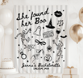 Personalized She Found Her Boo Halloween bachelorette banner with spooky ghost skeleton witch and pumpkin illustrations