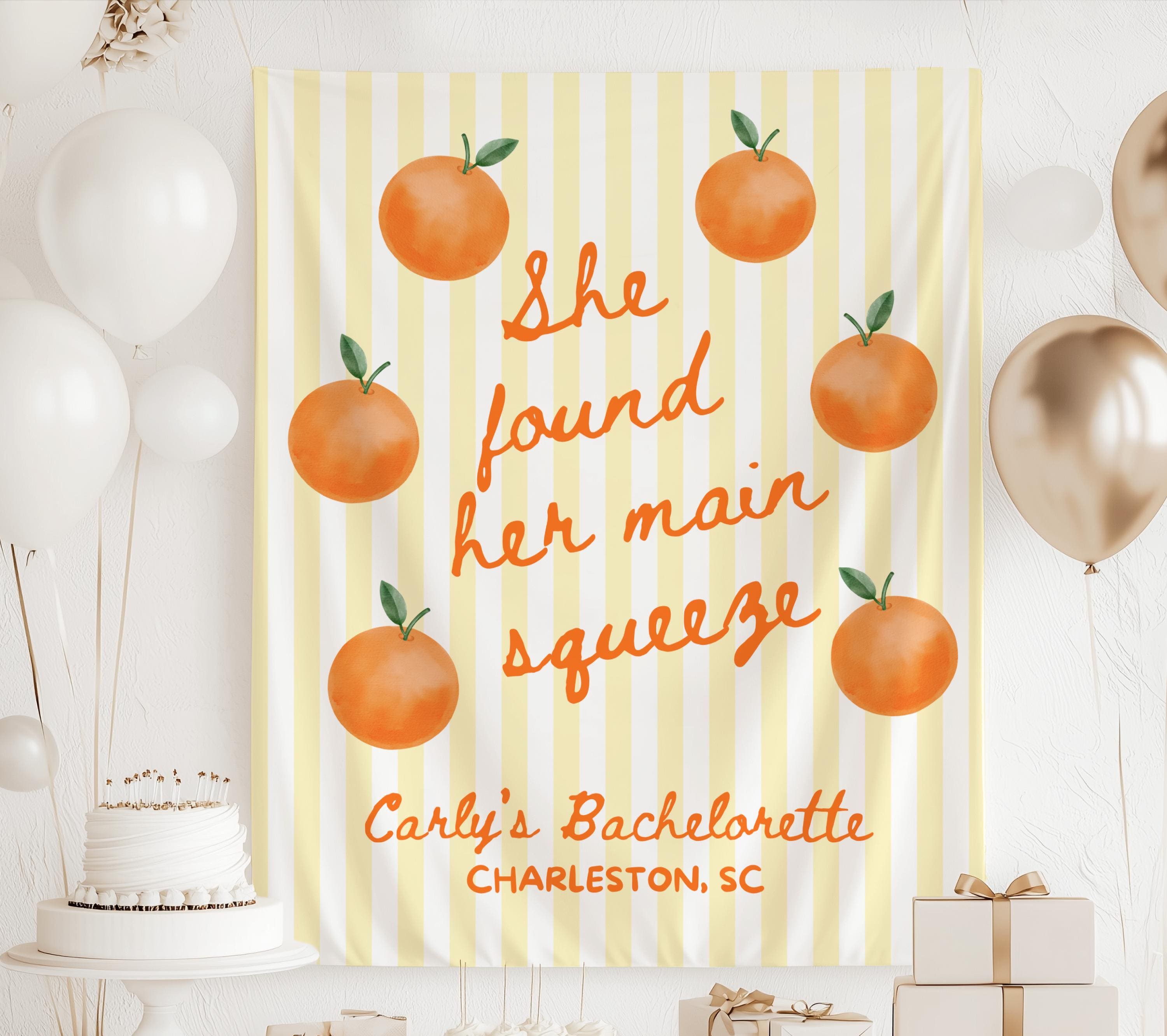Personalized She Found Her Main Squeeze banner for orange themed bridal shower with custom name and event details
