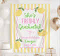 Personalized She's Freshly Graduated lemon banner with pink green and yellow details for a graduation party backdrop
