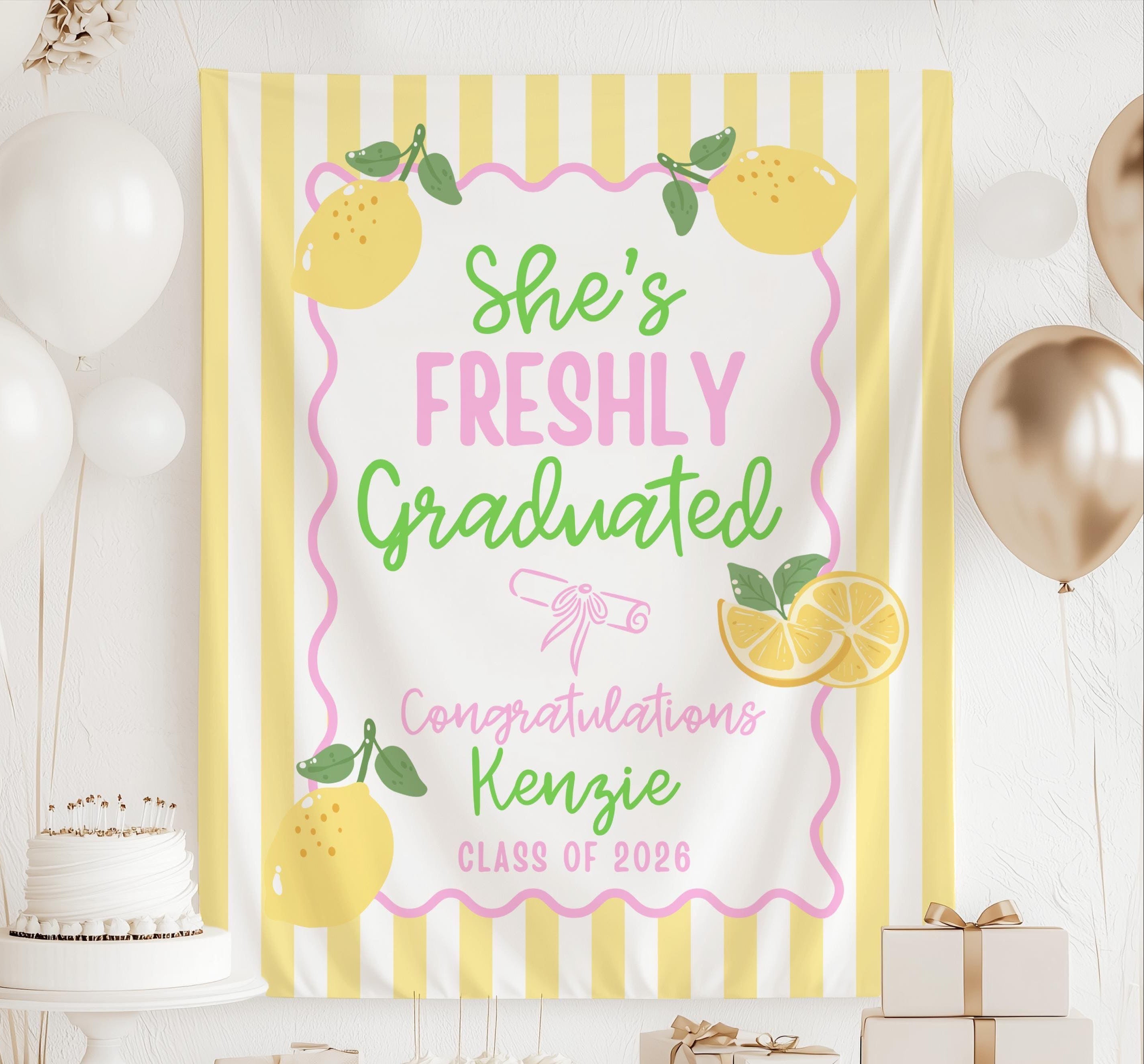 Personalized She's Freshly Graduated lemon banner with pink green and yellow details for a graduation party backdrop
