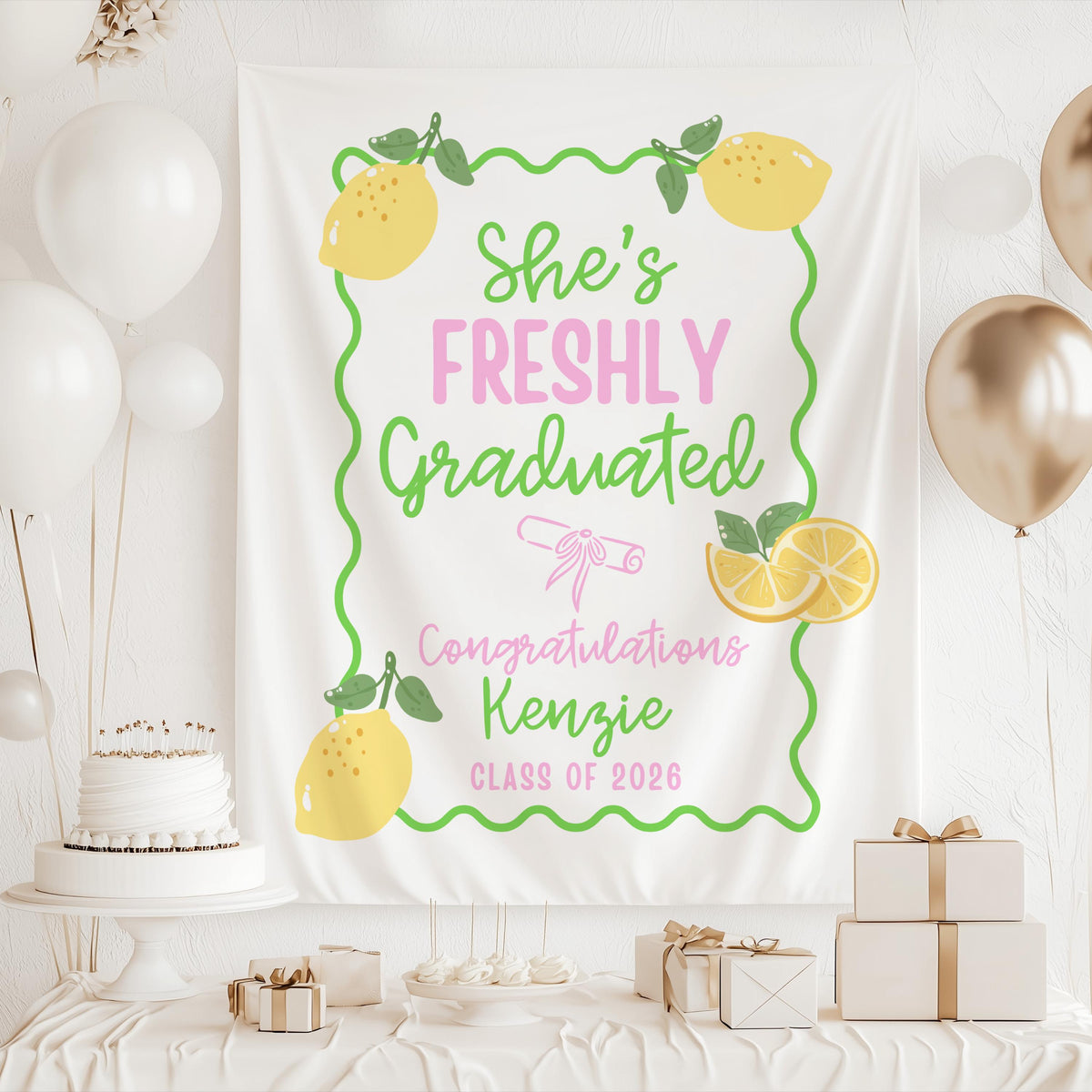 She's Freshly Graduated party banner with personalized name and class year for graduation party decorations