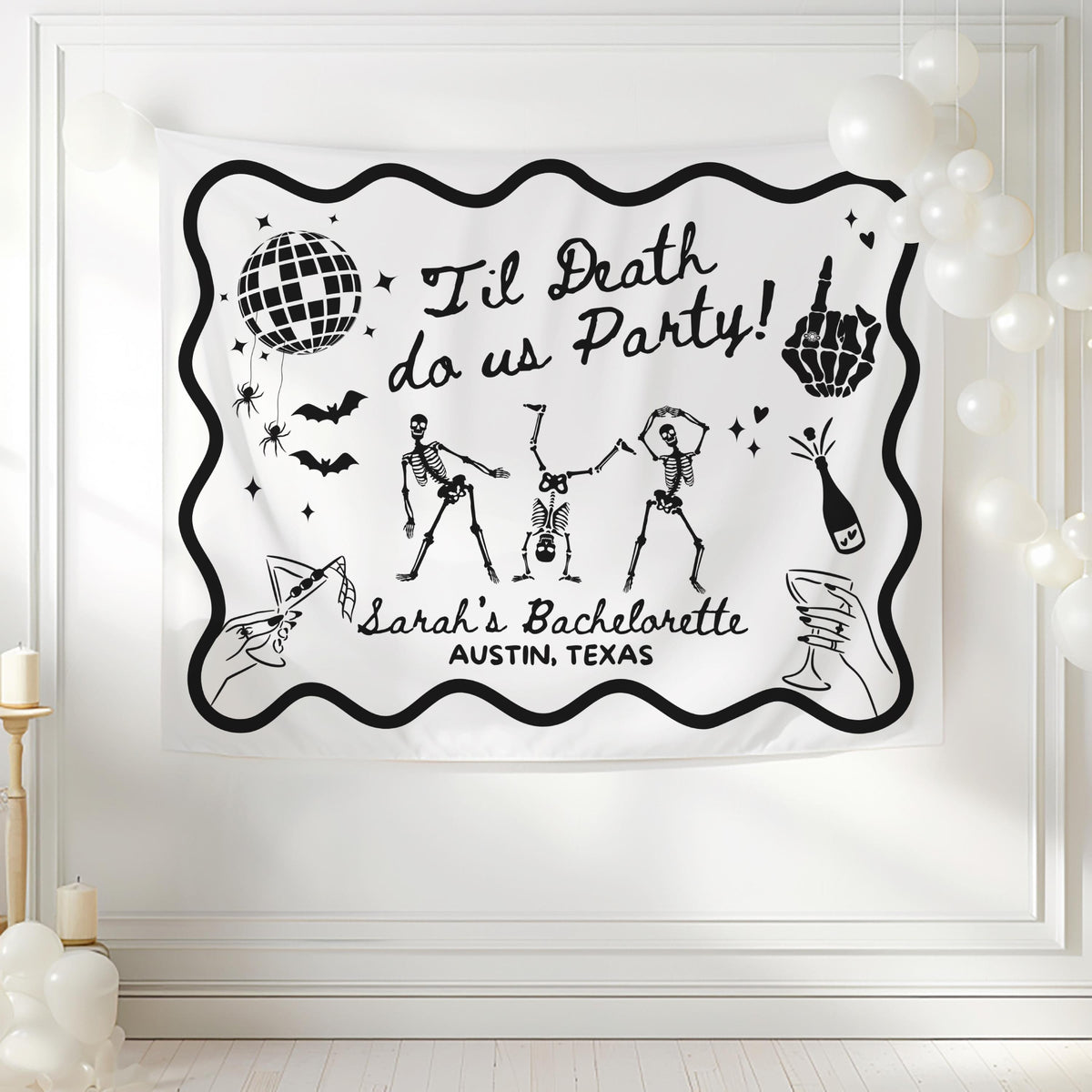 Personalized spooky bach party backdrop featuring skeletons bats cocktails and custom details
