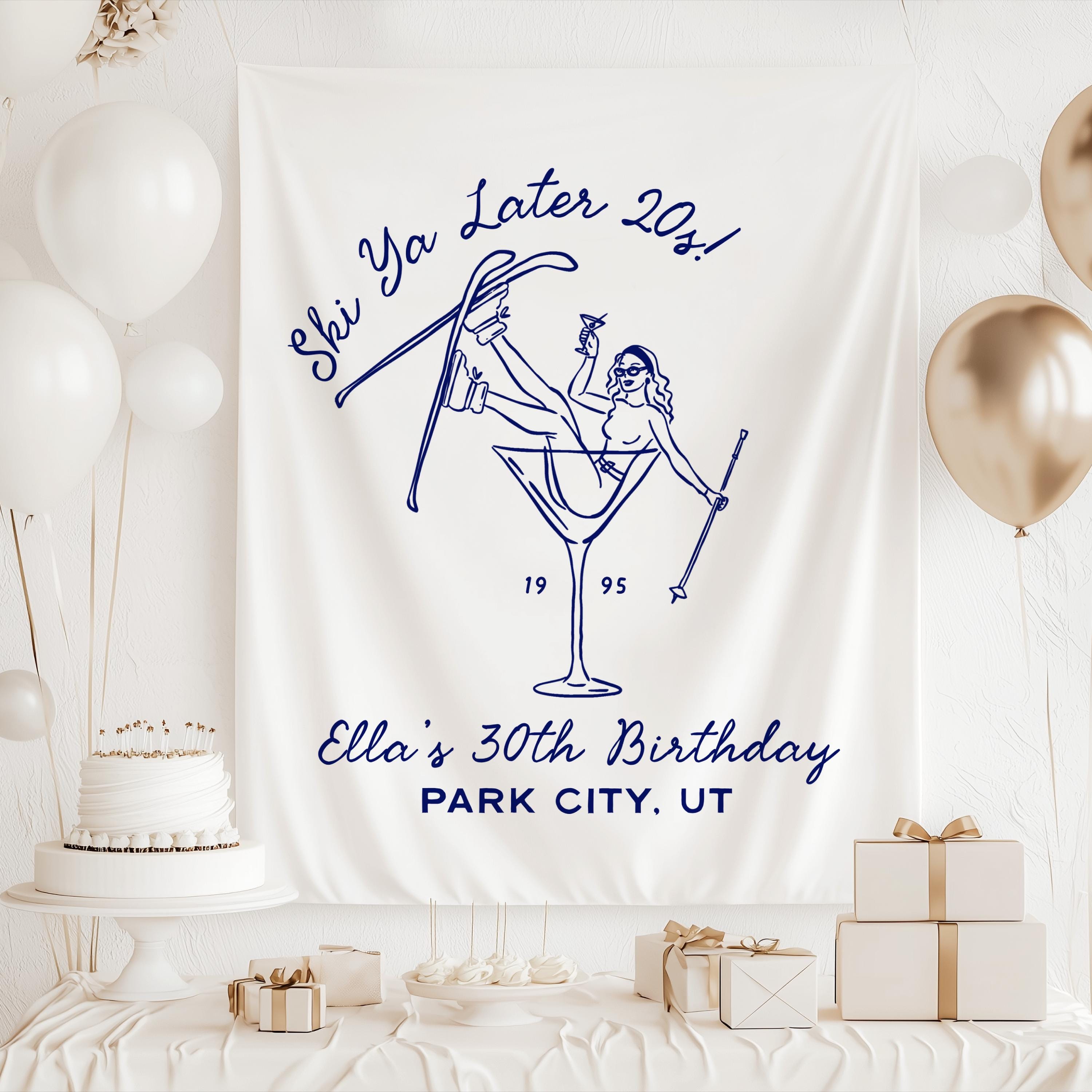 Personalized Ski Ya Later 20s backdrop for mountain birthday party with custom name and age banner