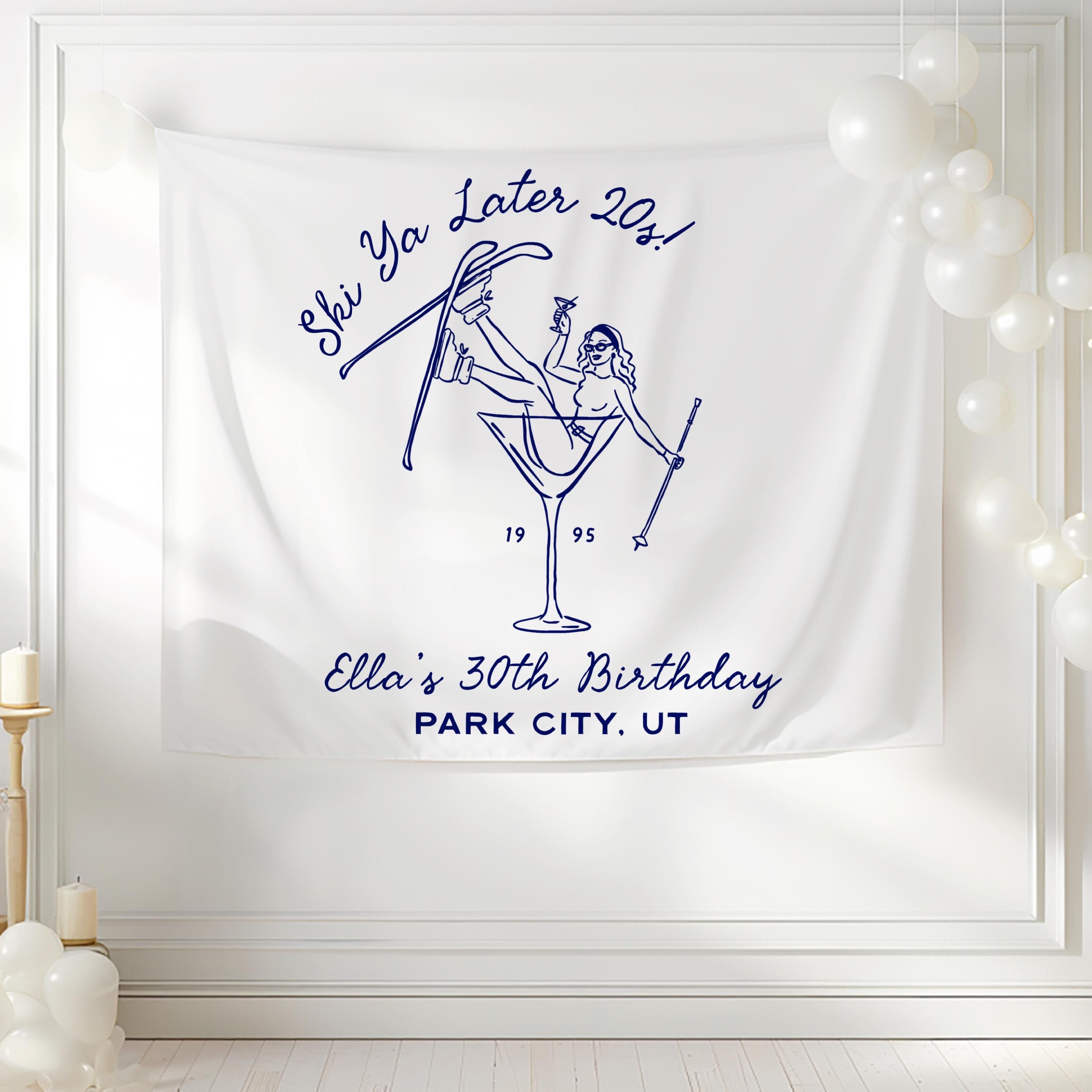 Ski Ya Later 20s Landscape Banner White and Navy Blue