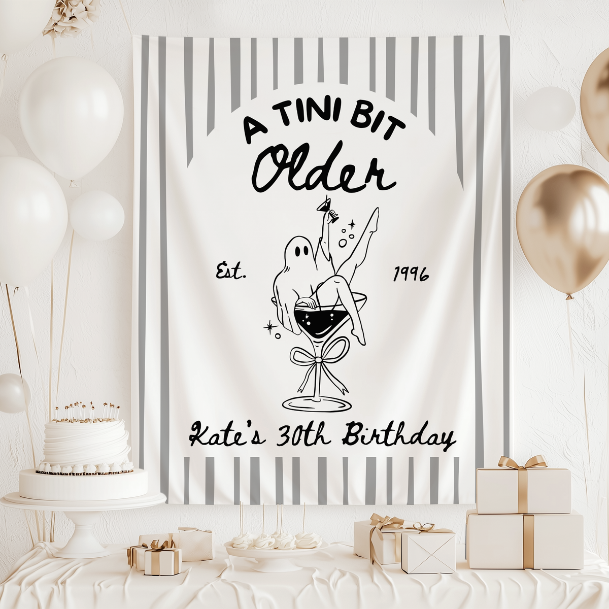 Spooky 30th birthday party backdrop with personalized name and black and white Halloween cocktail design