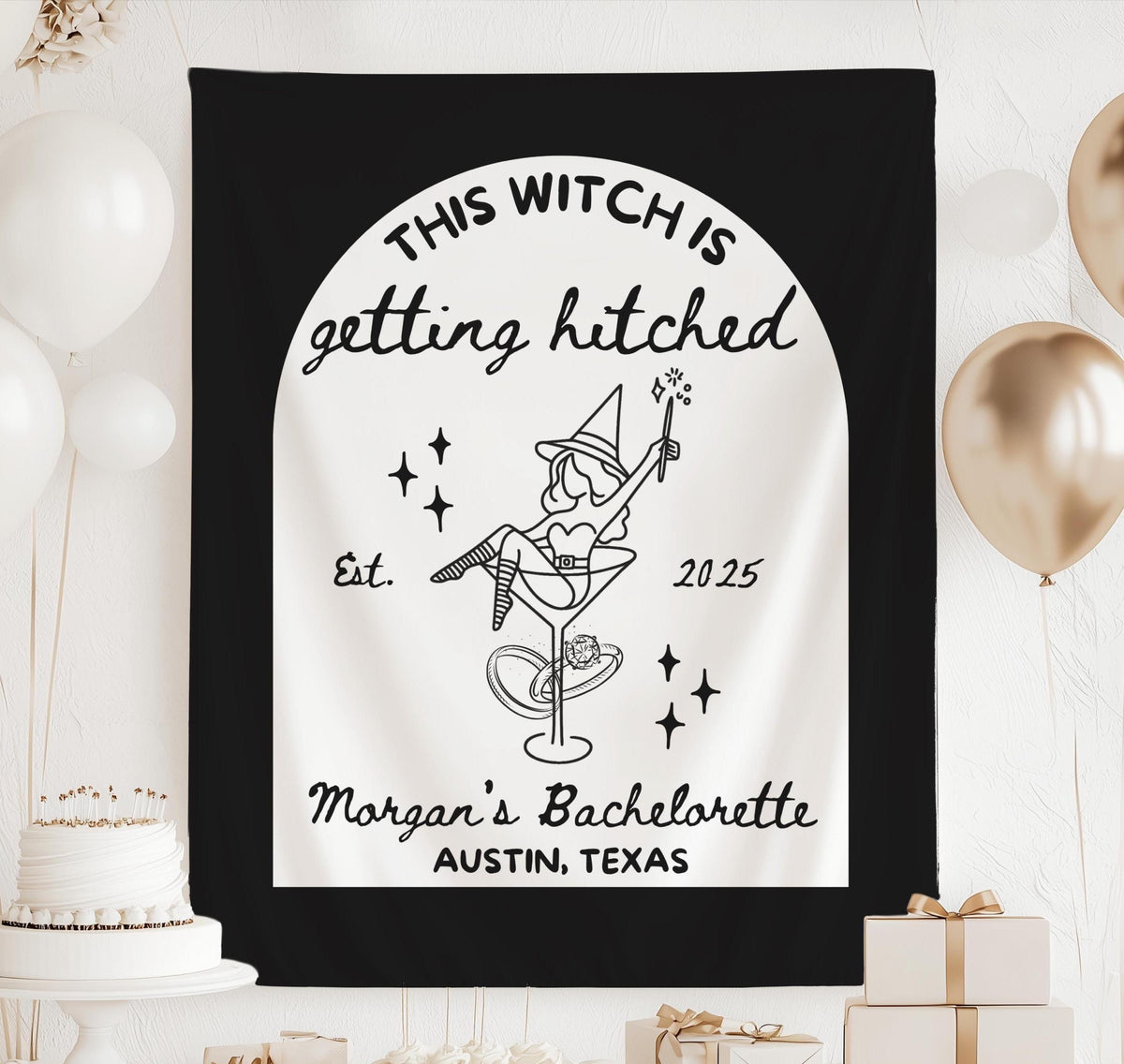 Spooky bach party backdrop personalized with the bride's name destination and celebration year
