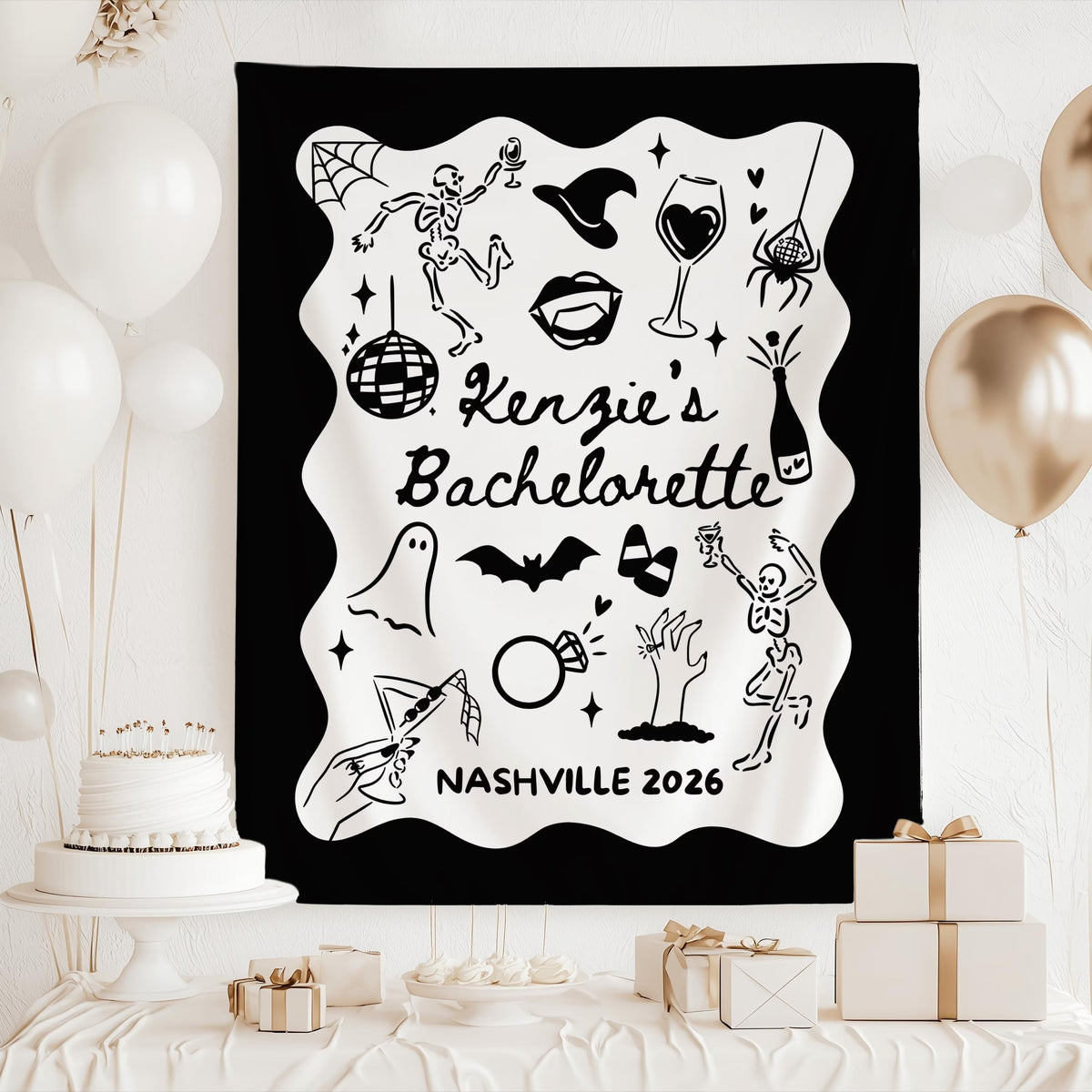 Custom spooky bach party banner featuring ghosts skeletons bats and disco ball graphics
