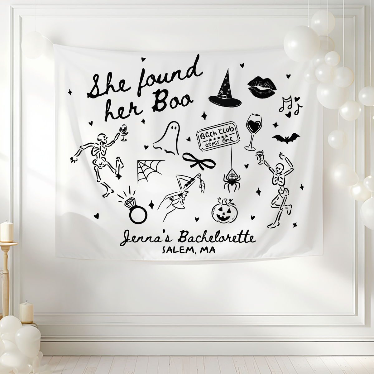 Spooky bachelorette banner with ghosts skeletons bats witch hat pumpkin engagement ring and bridal illustrations