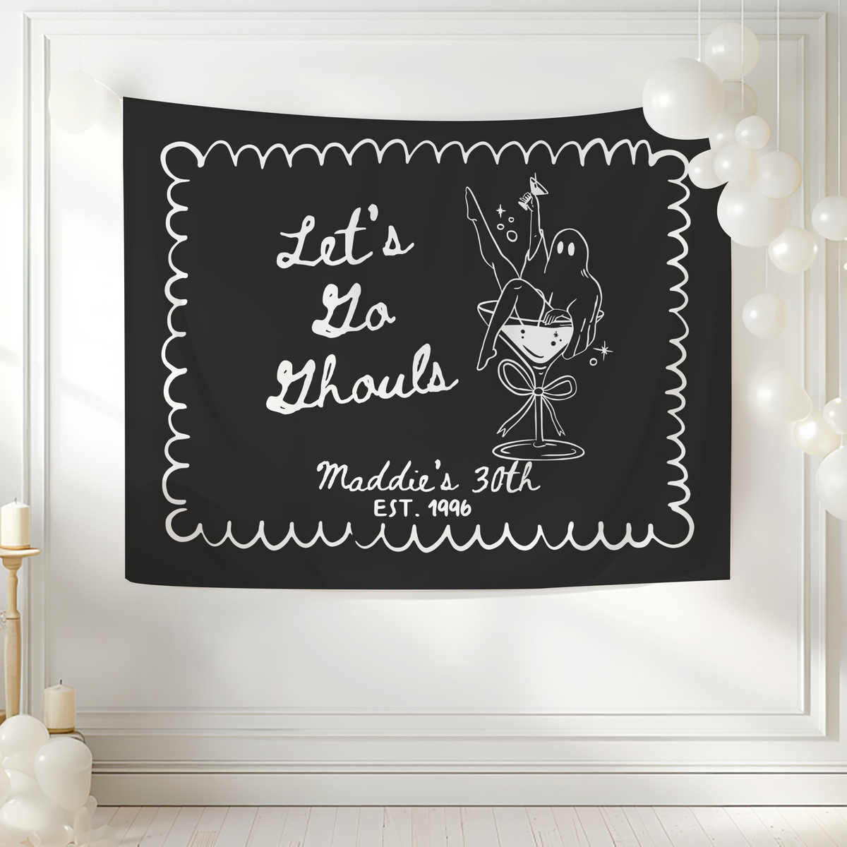 Spooky Halloween birthday photo backdrop featuring Lets Go Ghouls ghosts martini artwork and custom birthday personalization