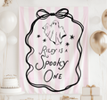 Personalized Spooky ONE birthday banner for girl with pink stripes, cute ghost and bow for a Halloween first birthday party