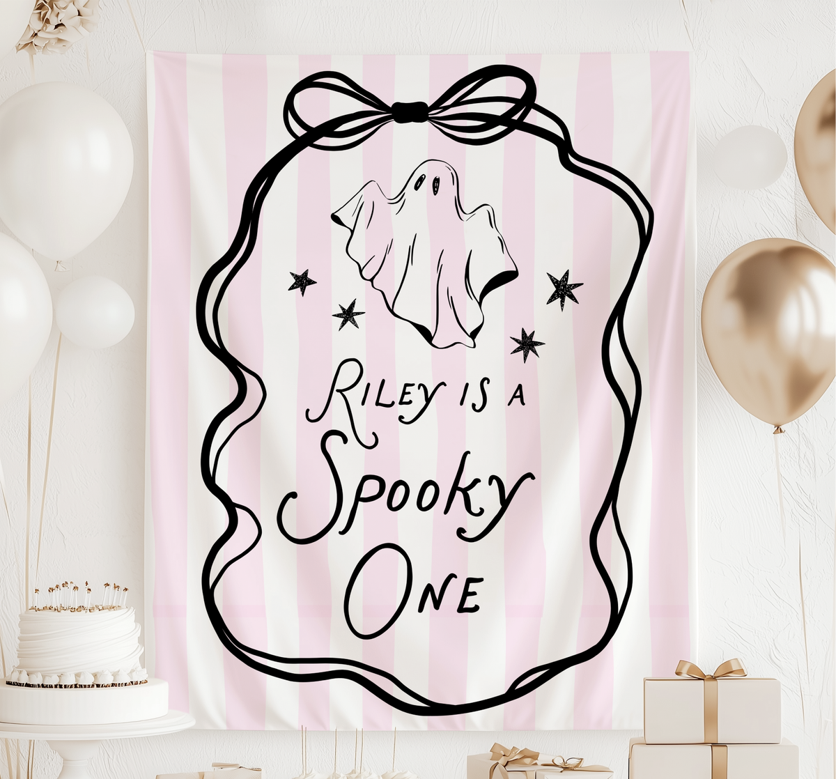 Personalized Spooky ONE birthday banner for girl with pink stripes, cute ghost and bow for a Halloween first birthday party