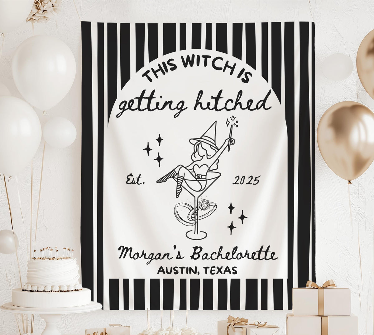 Personalized This Witch Is Getting Hitched banner for a spooky Halloween bachelorette party
