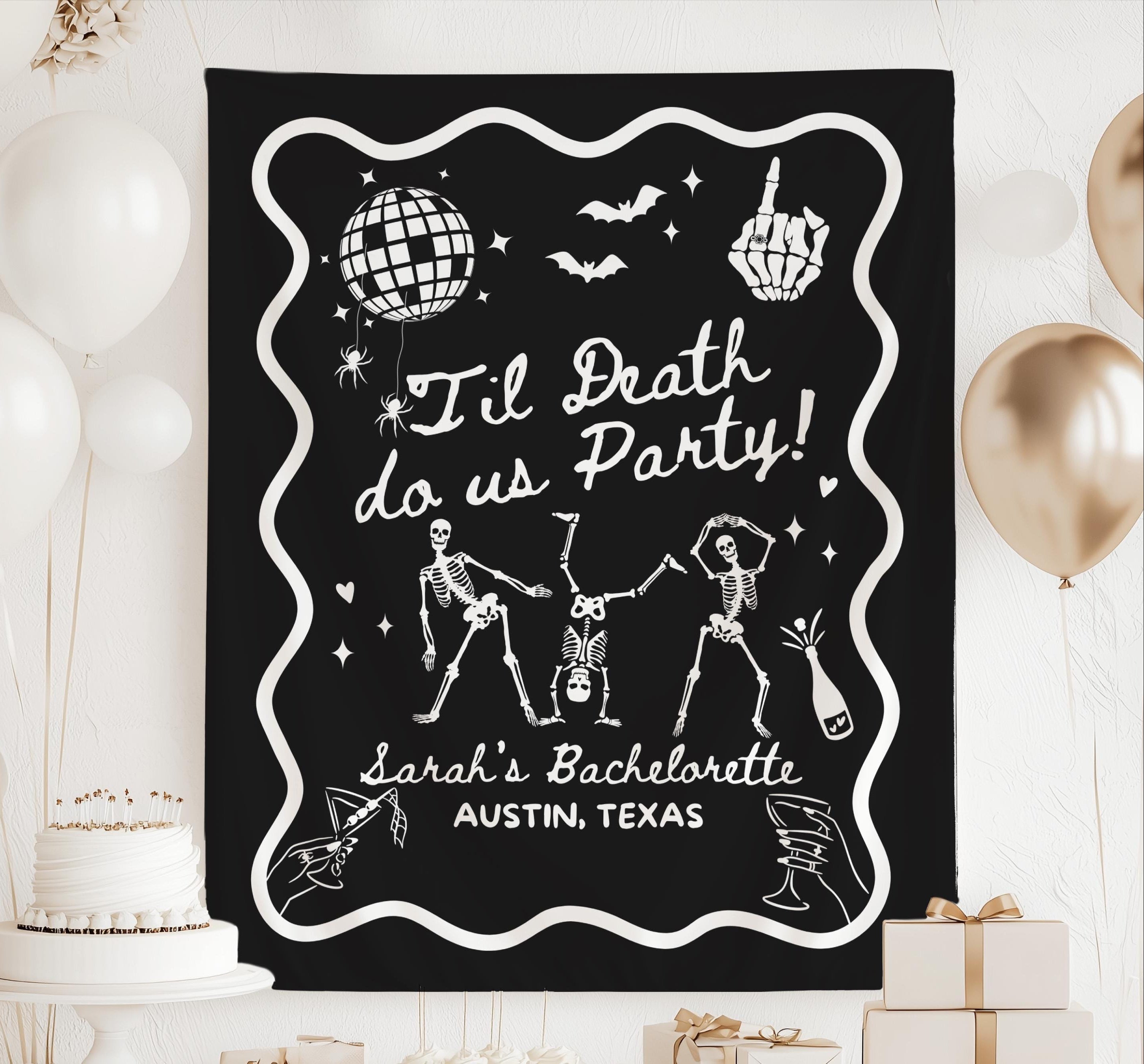 Personalized Til Death Do Us Party banner for a spooky Halloween bachelorette celebration
