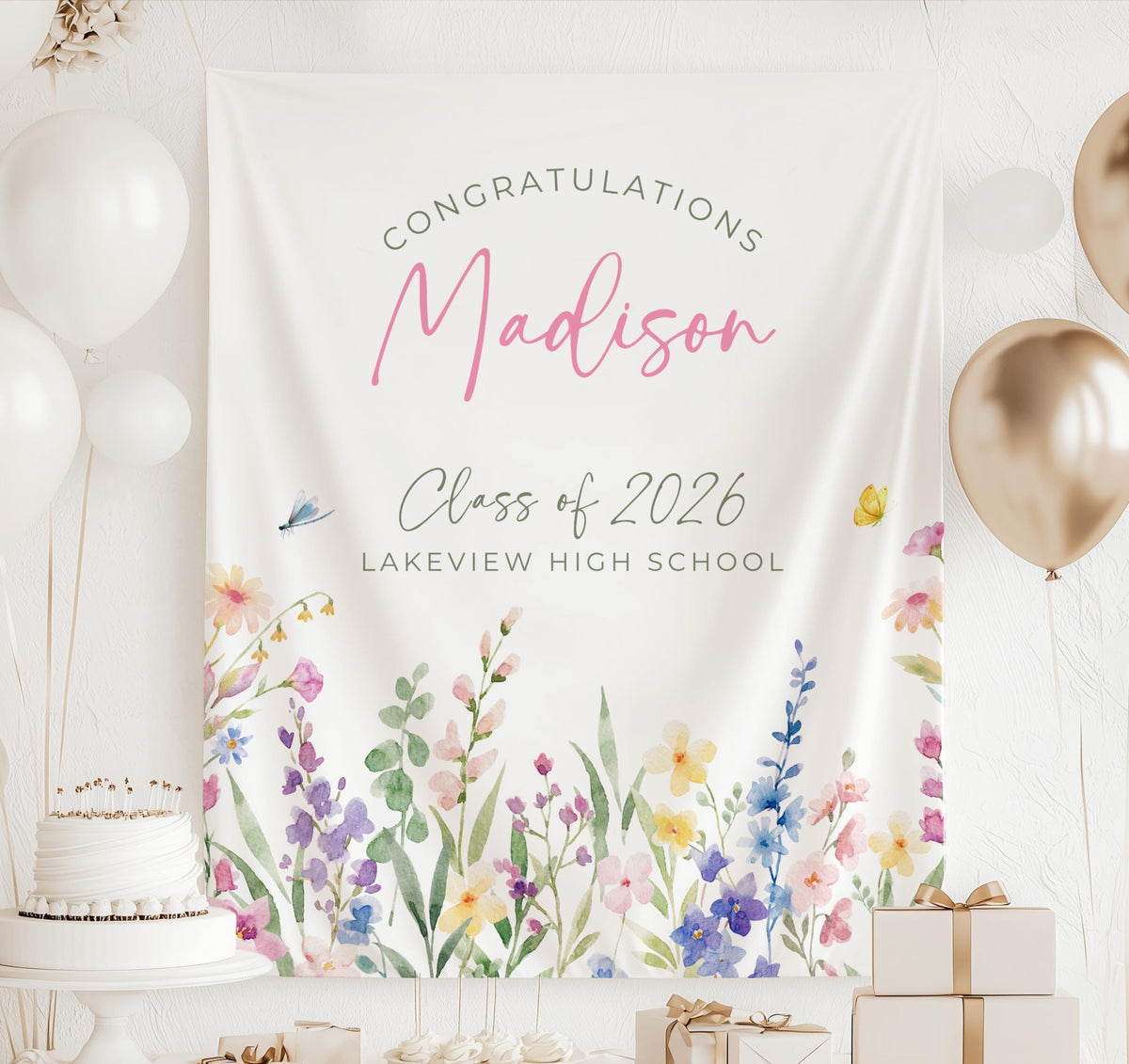 Personalized wildflower graduation banner with graduate name, school and colorful watercolor floral design
