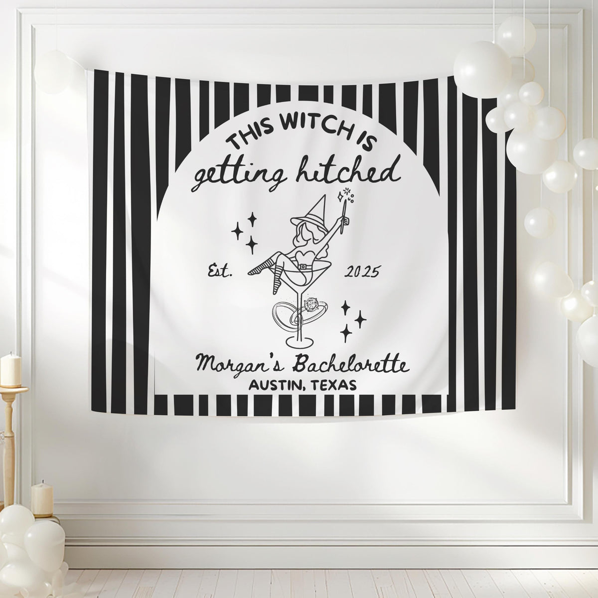 Witch themed bachelorette banner for Halloween girls trip and bridal weekend celebrations
