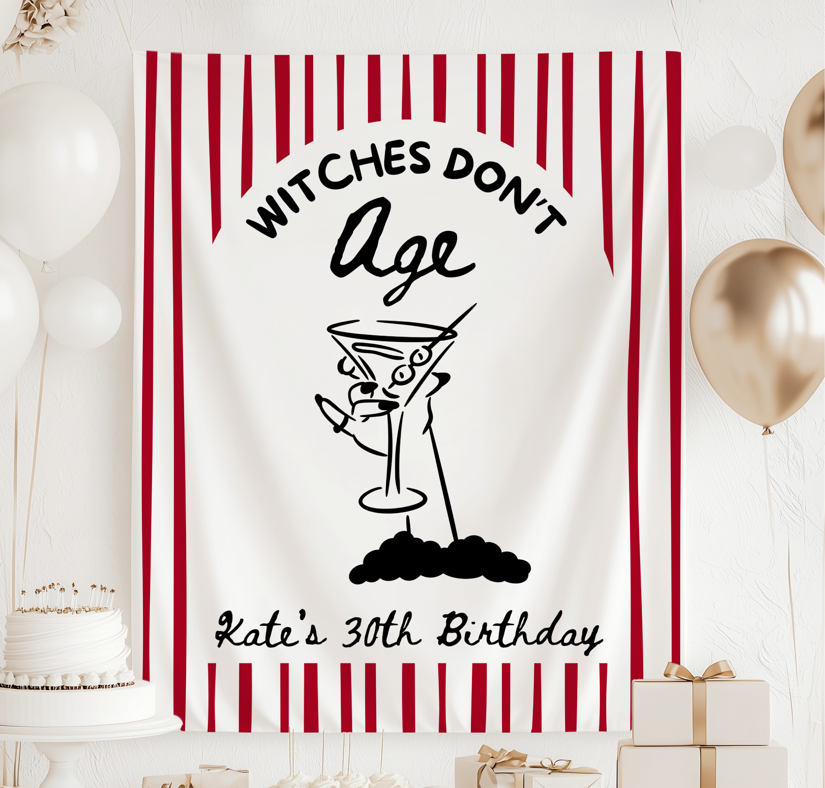 Witch themed birthday party backdrop with martini illustration for a Halloween or October birthday celebration