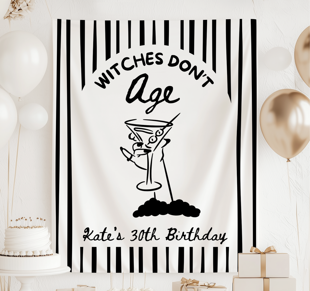 Personalized Witches Don’t Age Halloween birthday banner with witch and martini design for a spooky birthday party
