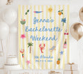 Yellow striped coastal bachelorette party banner personalized with bride's name