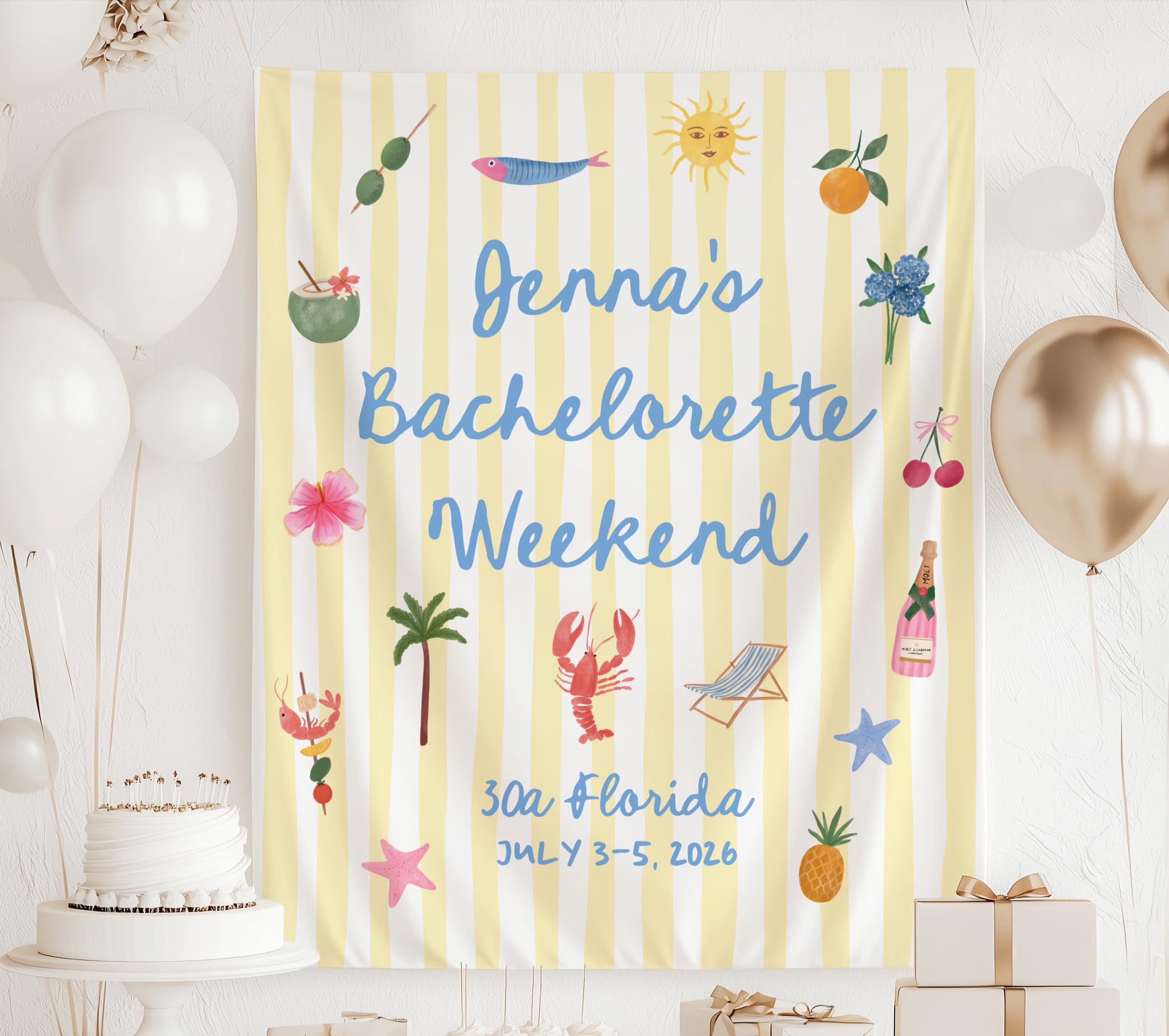 Yellow striped coastal bachelorette party banner personalized with bride's name