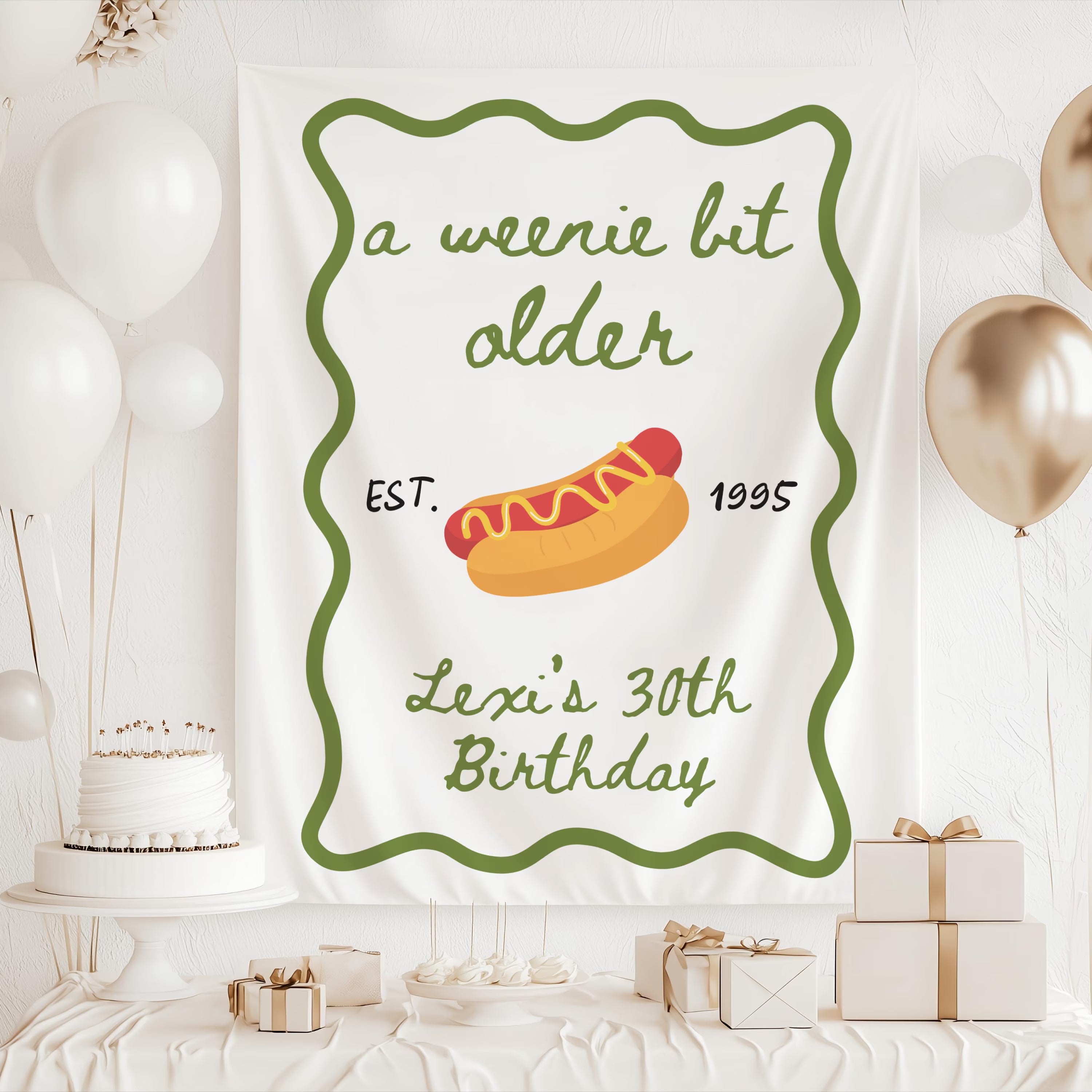 BBQ birthday banner featuring a fun hot dog theme, personalized event details and custom birthday party decorations.