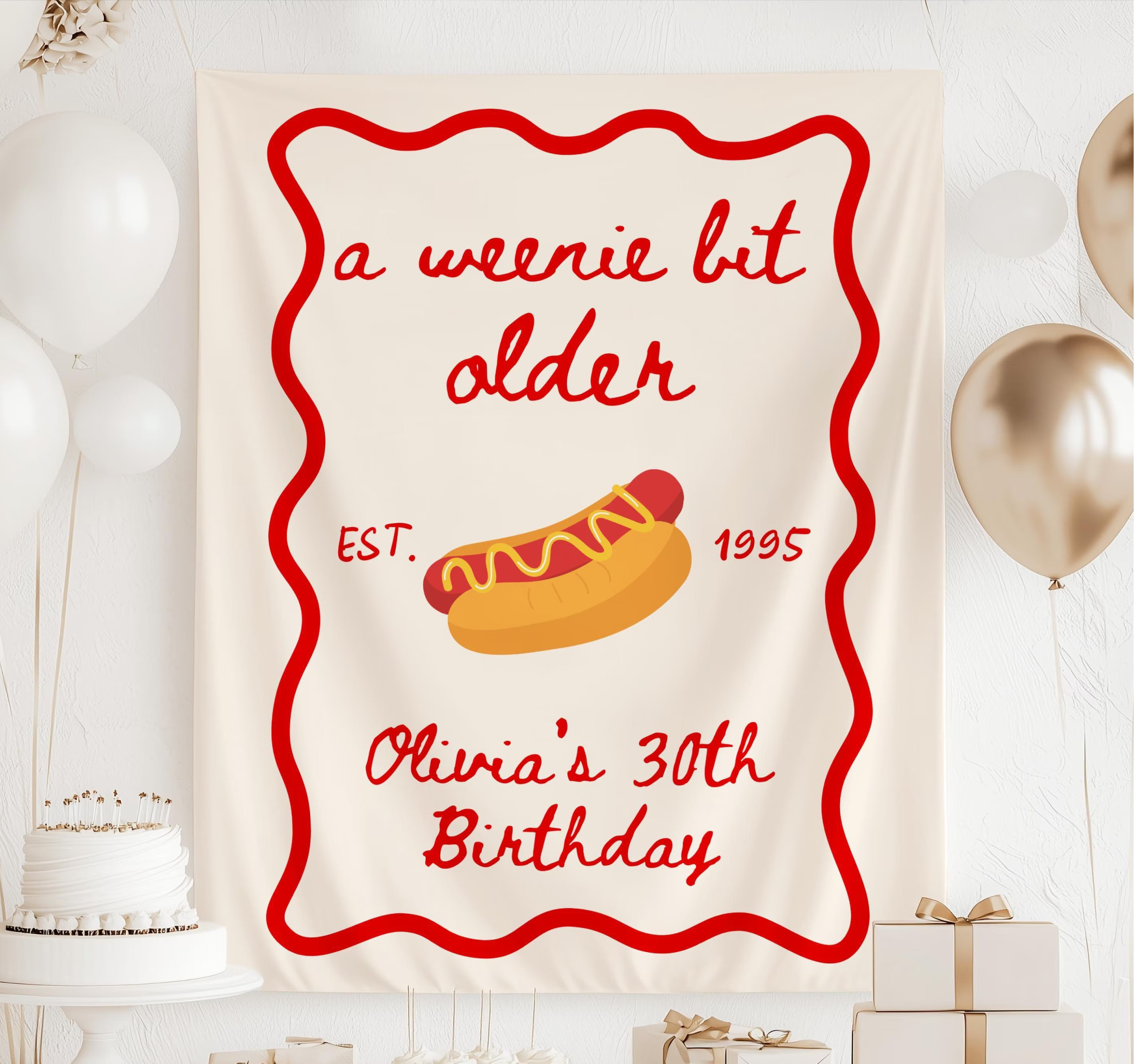 Personalized A Weenie Bit Older birthday banner featuring a hot dog illustration and custom name for a fun birthday party backdrop.