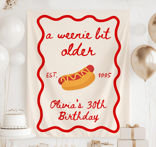 Personalized A Weenie Bit Older birthday banner featuring a hot dog illustration and custom name for a fun birthday party backdrop.