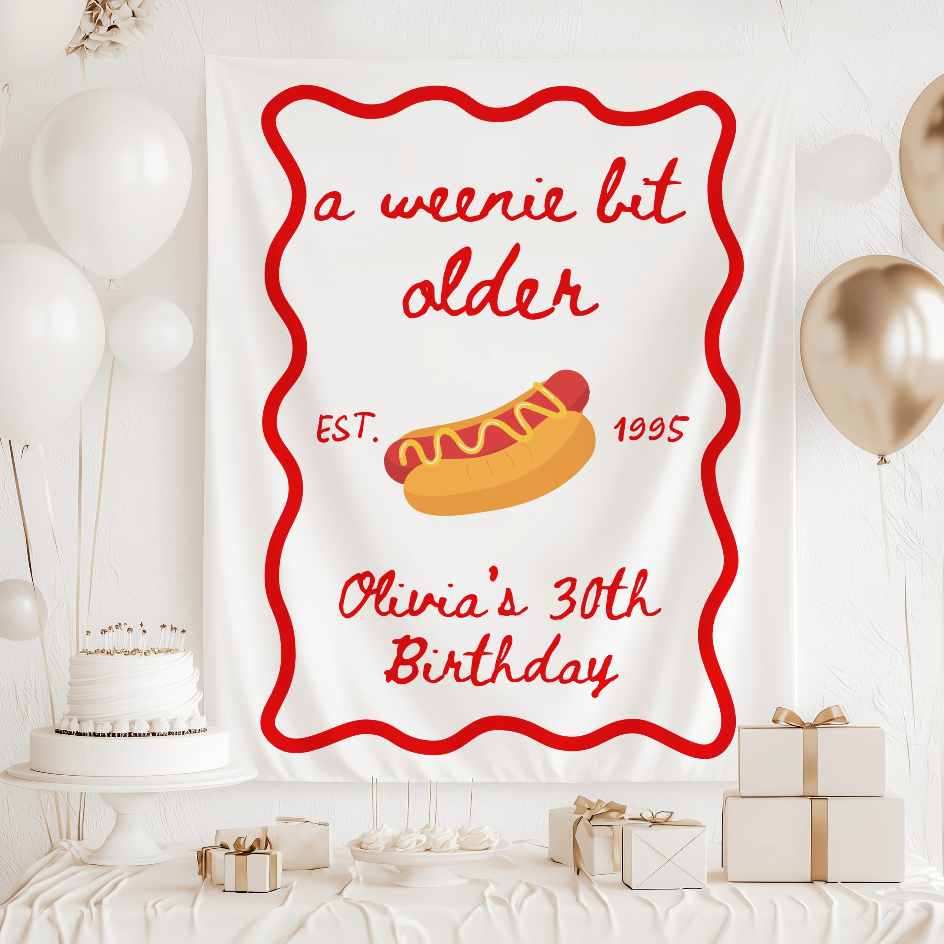 Custom hot dog birthday banner designed for any age birthday celebration with personalized name, birth year and playful BBQ theme.