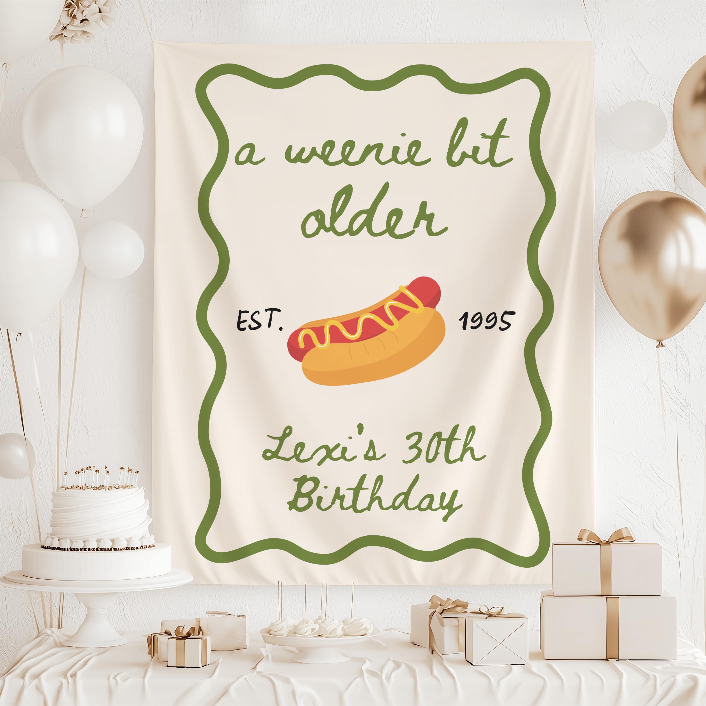 Personalized birthday party backdrop with hot dog graphic and modern wavy border, perfect for summer birthday celebrations.