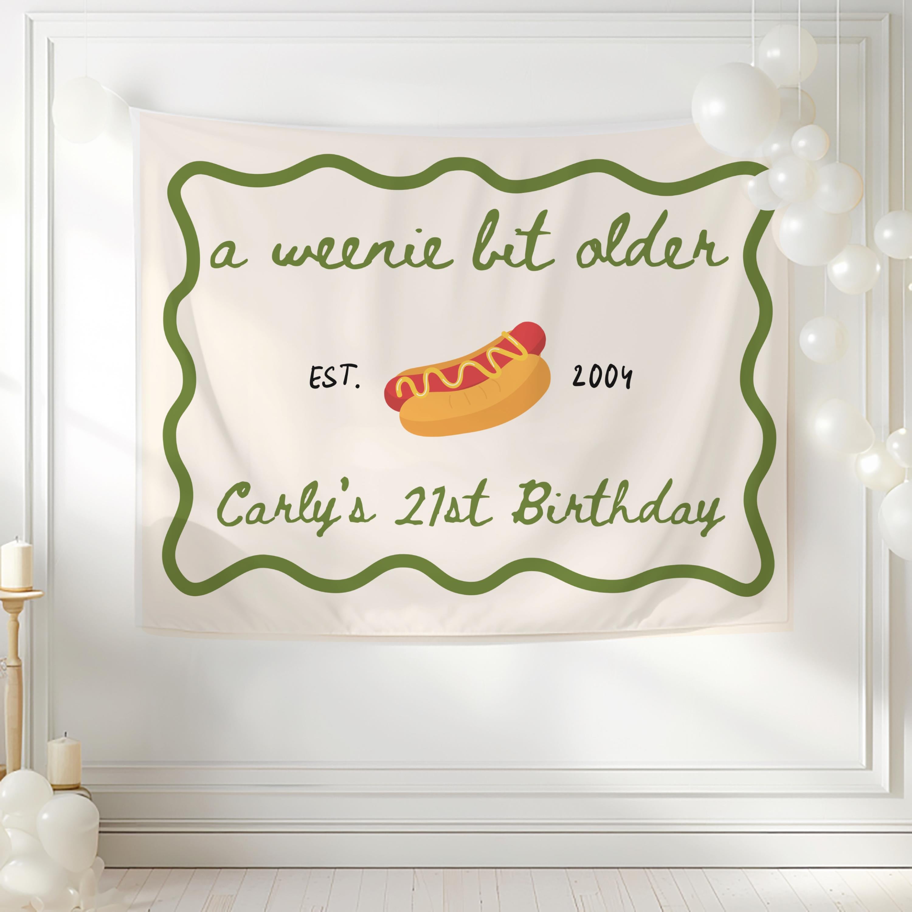 Personalized summer birthday banner featuring a classic hot dog illustration and playful food themed birthday decor.
