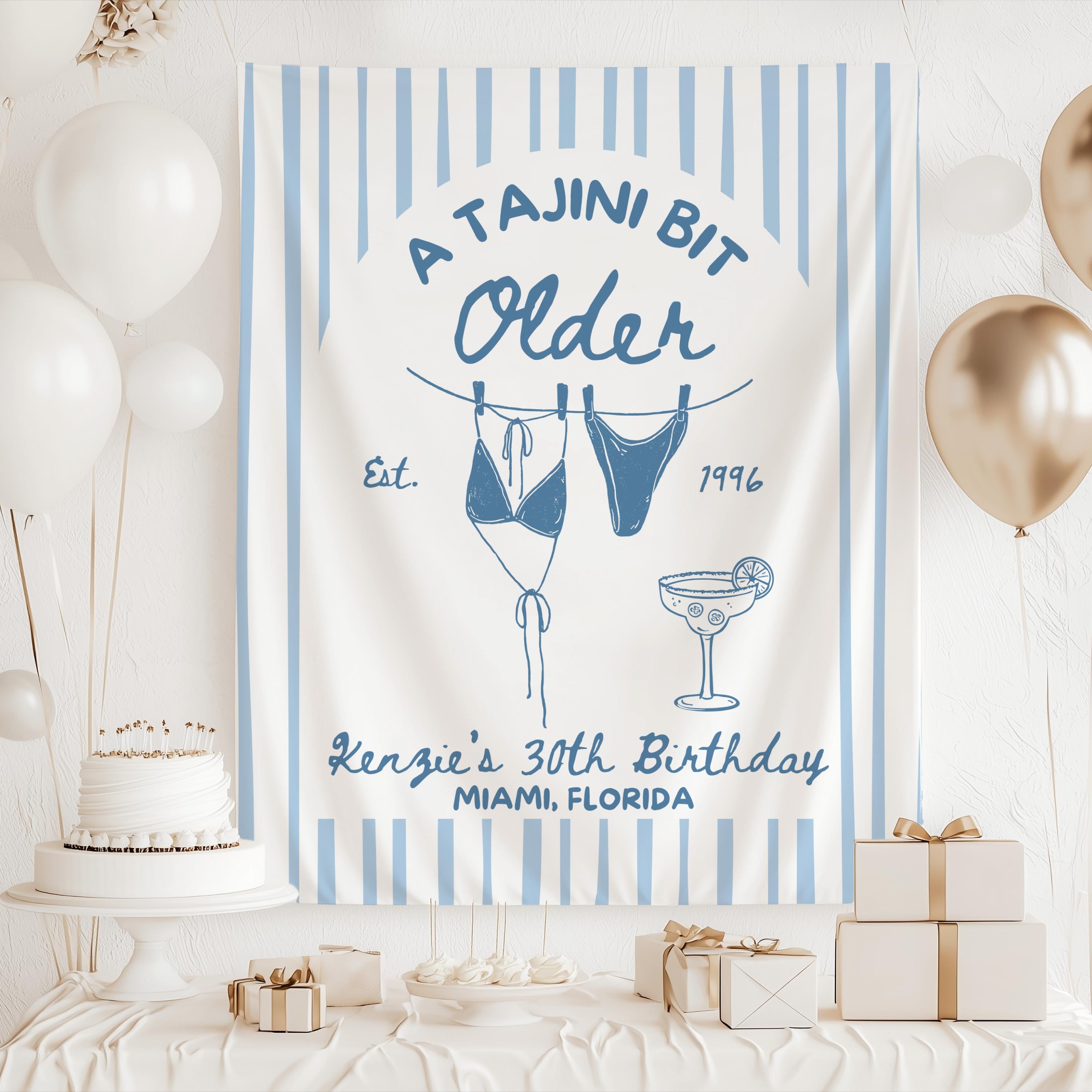 Birthday party welcome banner with orange striped background margarita illustration and bikini artwork