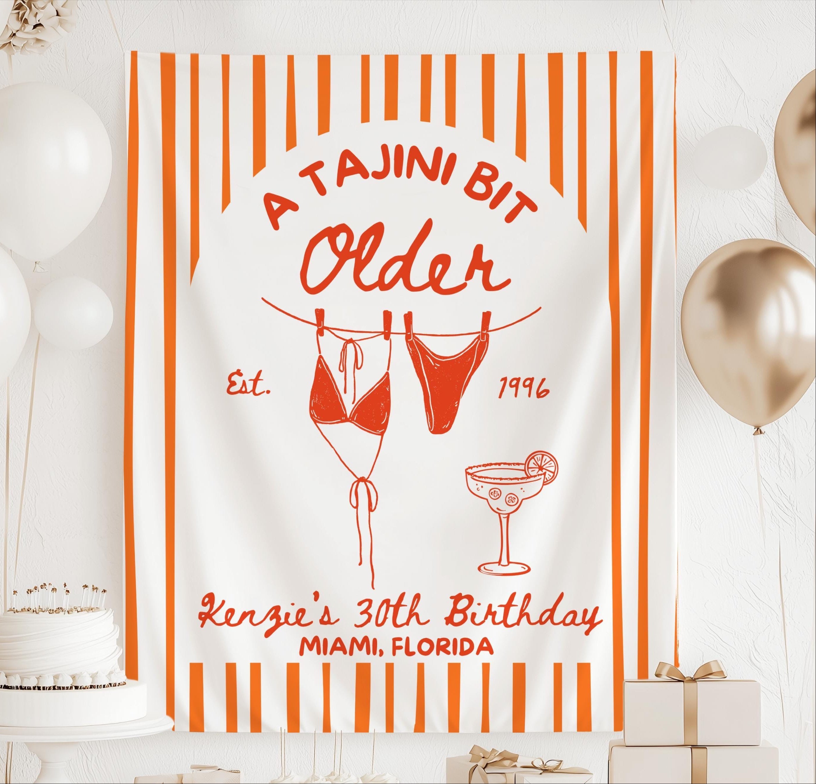 Personalized A Tajini Bit Older birthday banner with orange striped background margarita glass and bikini illustration
