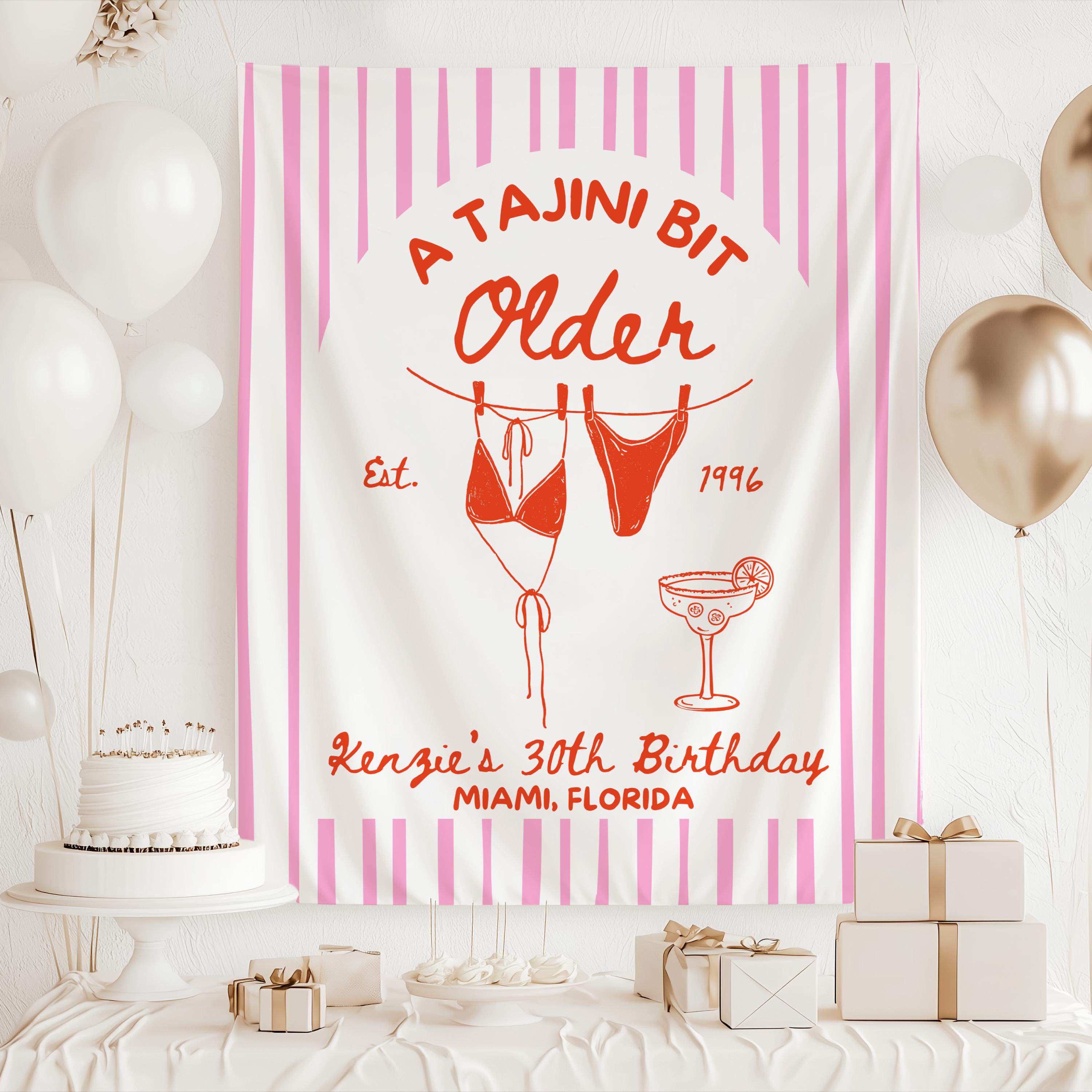Personalized fiesta birthday banner with orange stripes margarita cocktail and custom birthday details
