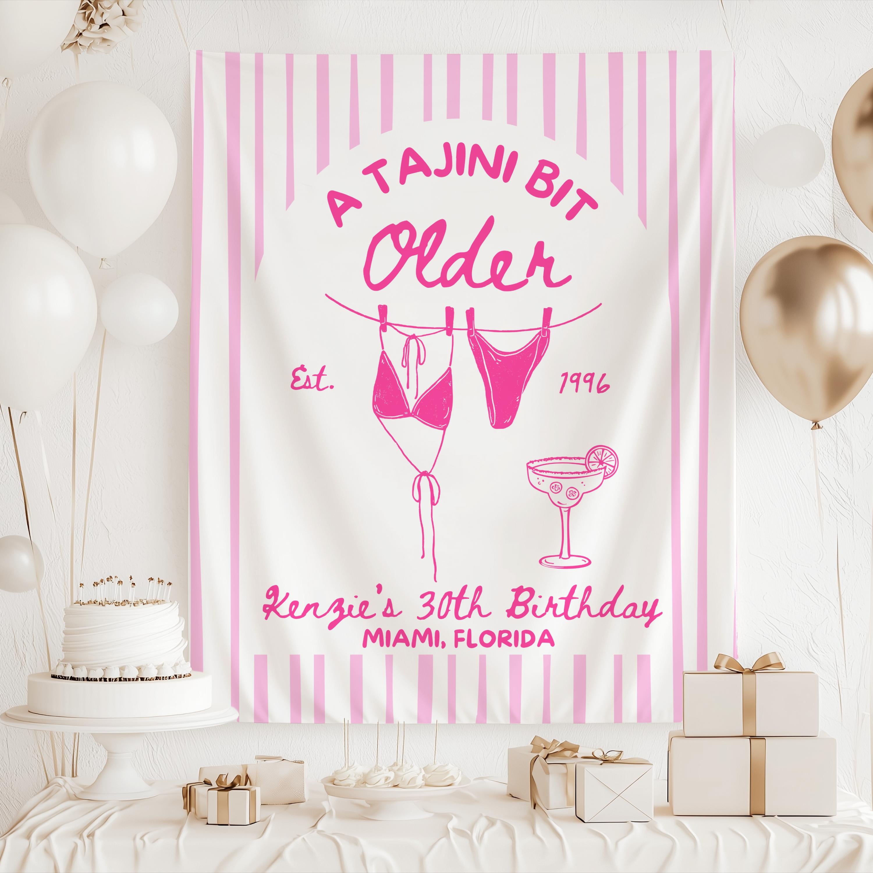 Margarita themed birthday party backdrop with bikini illustration and personalized name age and location
