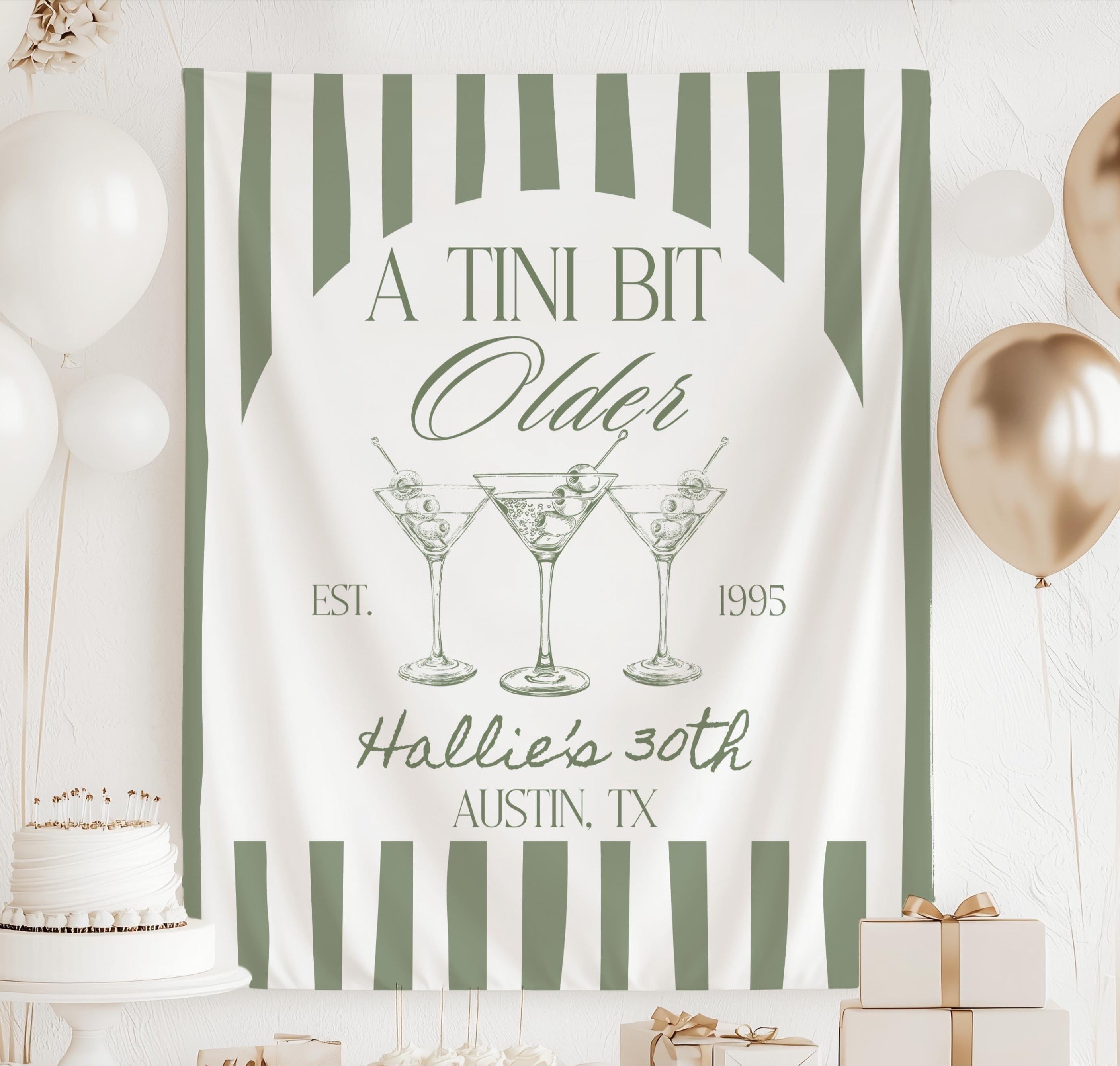 Personalized A Tini Bit Older birthday banner featuring martini glasses and custom birthday text
