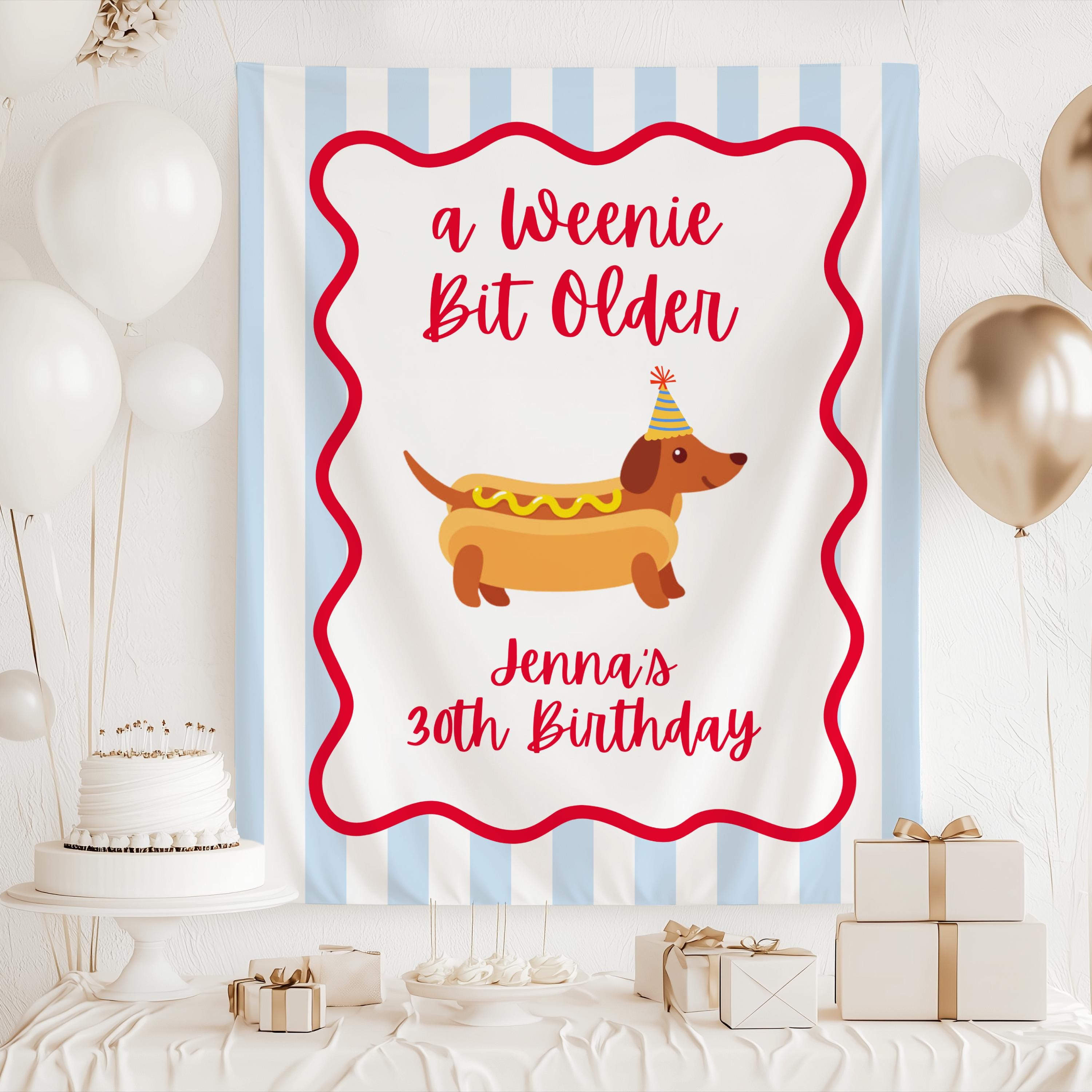 Funny A Weenie Bit Older birthday party backdrop with dachshund hot dog artwork and personalized name
