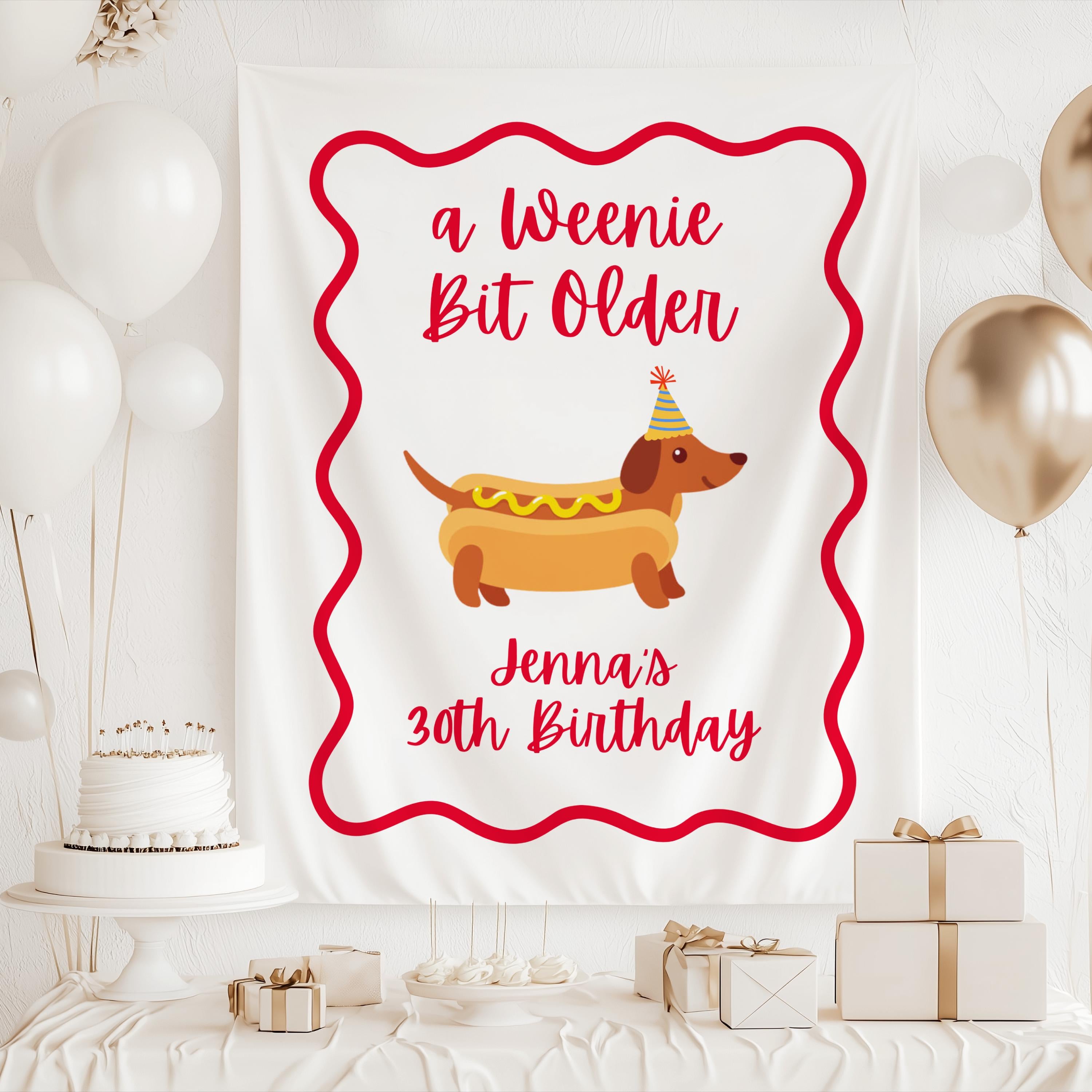 Personalized hot dog themed birthday banner with cute dachshund illustration and custom birthday details
