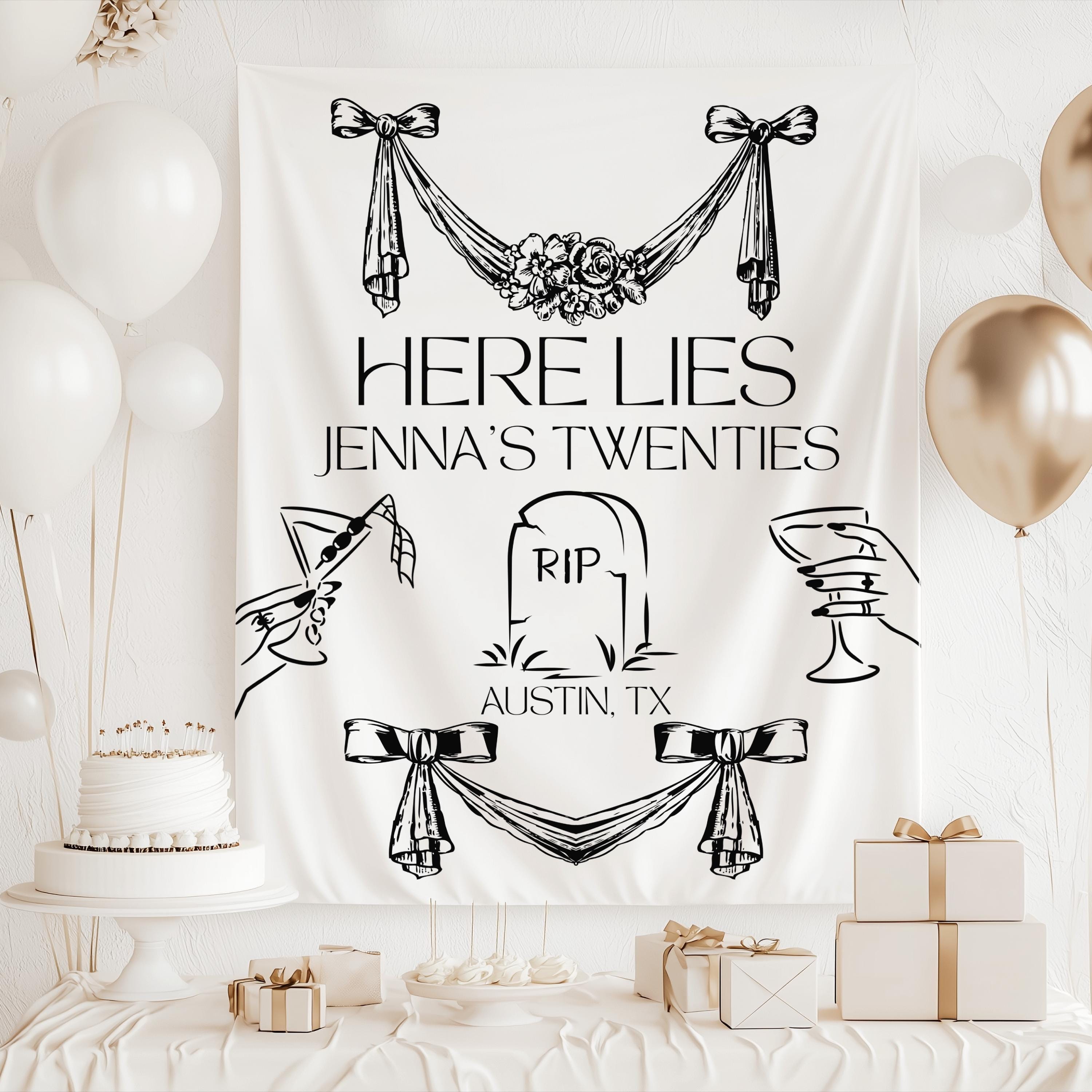 Custom RIP Twenties 30th birthday party backdrop featuring tombstone martinis bows and personalized details
