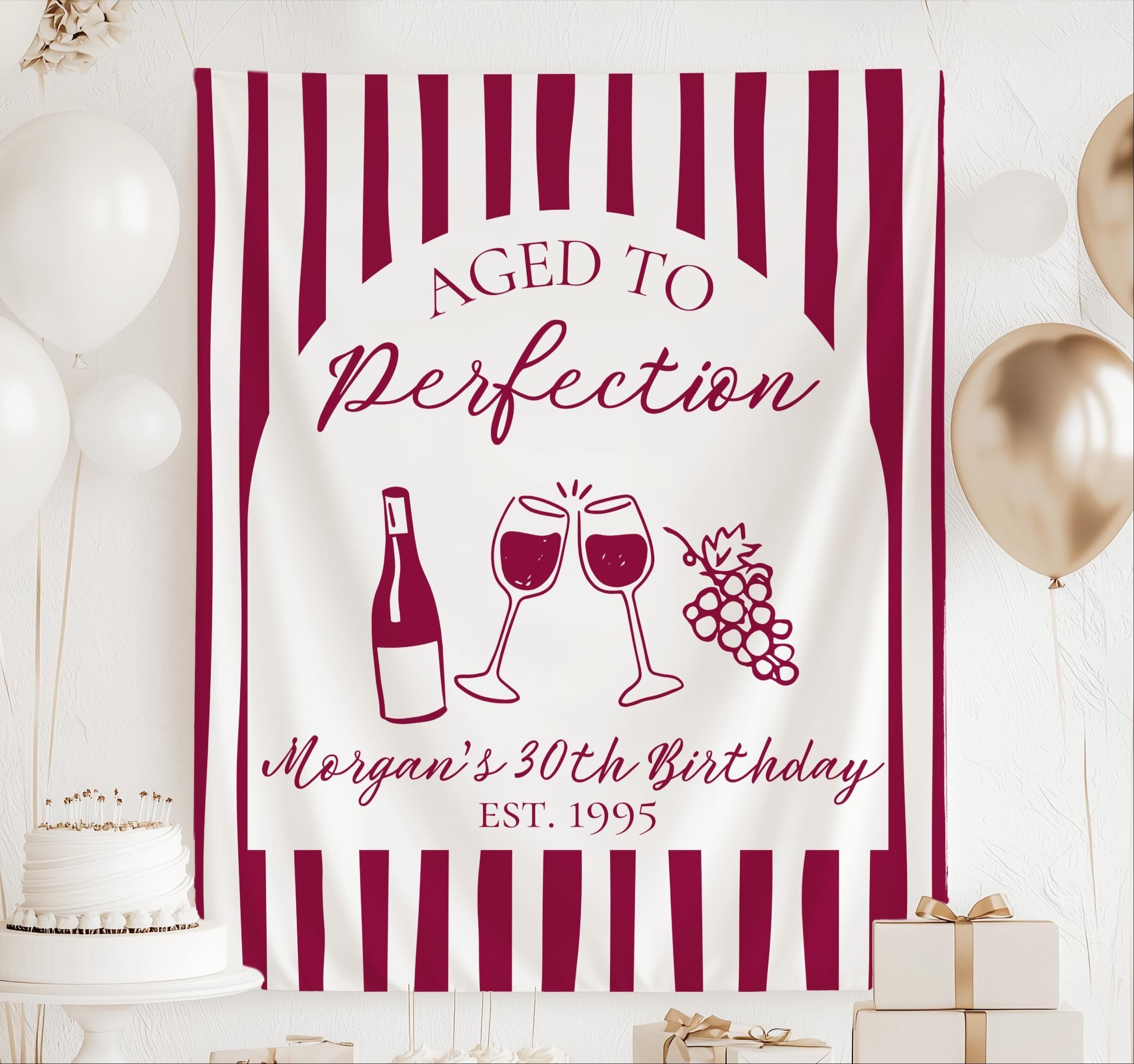 Personalized Aged to Perfection birthday banner with wine bottle glasses and grapes