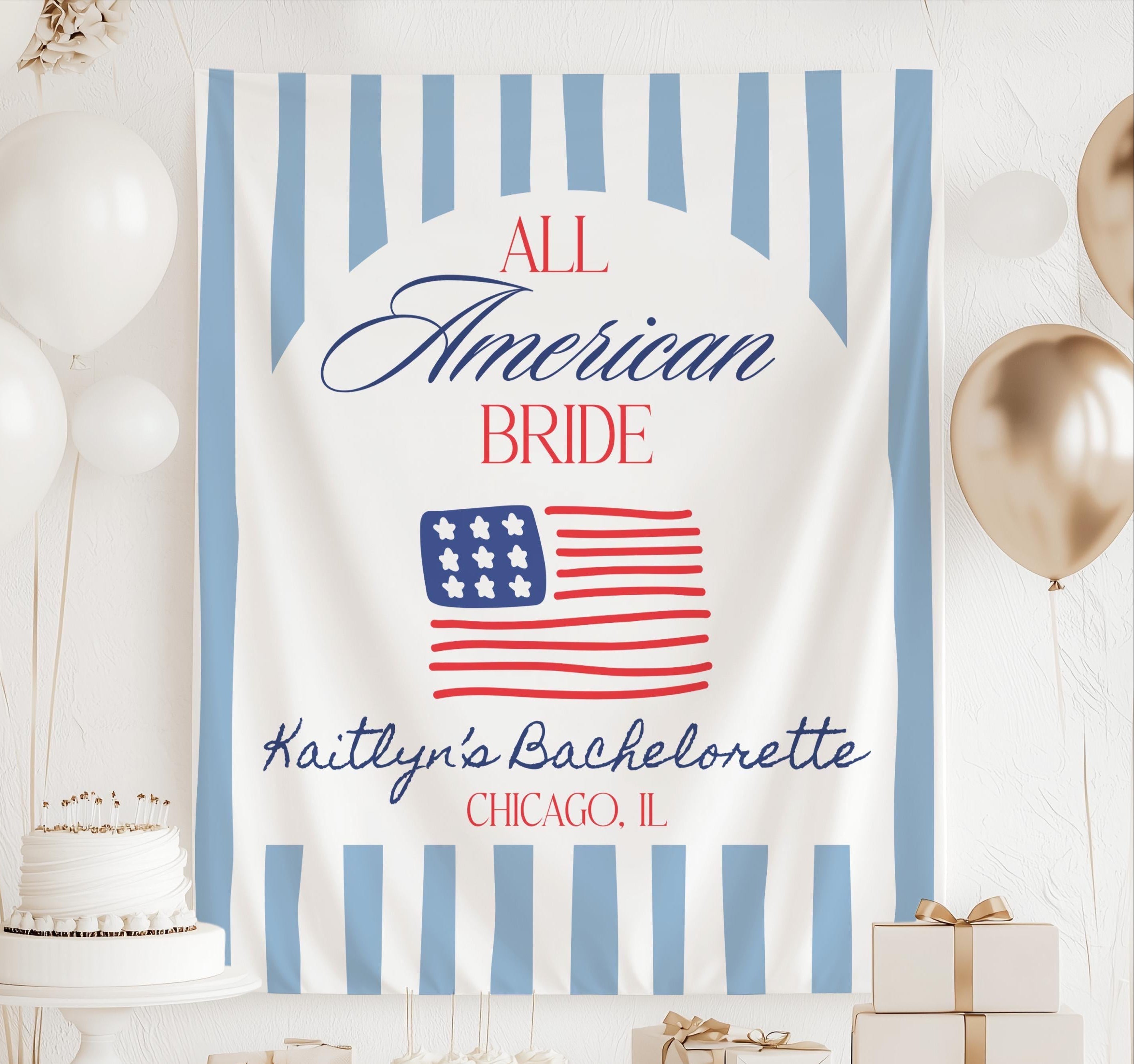 Personalized All American Bride banner featuring an American flag design for a patriotic bachelorette party backdrop