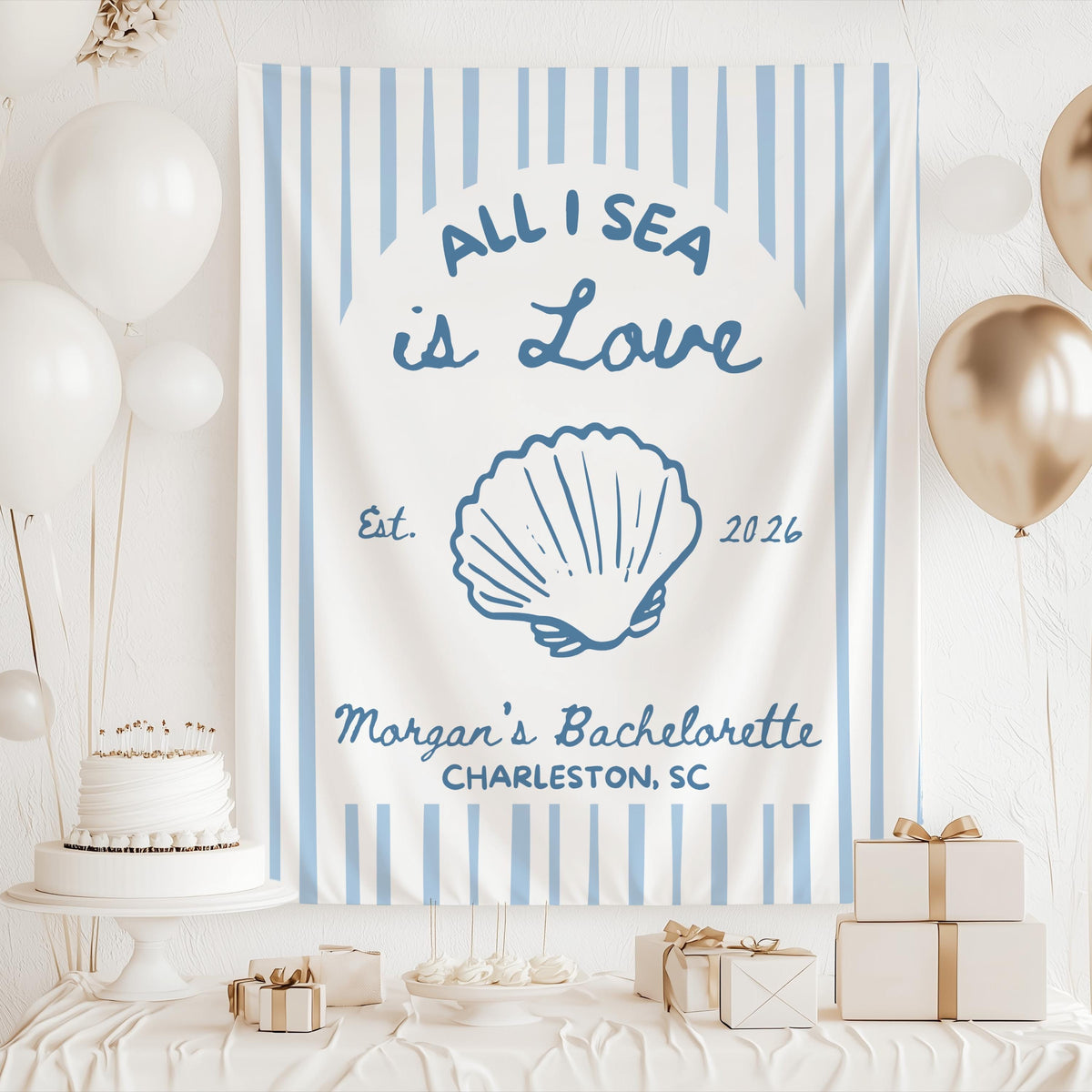 Custom beach bachelorette banner personalized with bride name featuring a blue seashell illustration