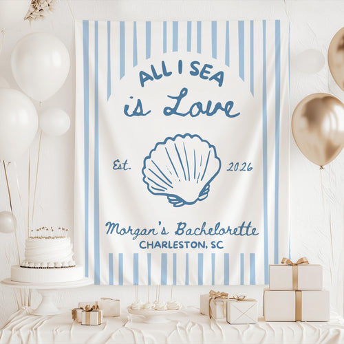 Custom beach bachelorette banner personalized with bride name featuring a blue seashell illustration