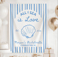 Personalized All I Sea Is Love bachelorette banner with seashell design for a coastal beach bachelorette party backdrop